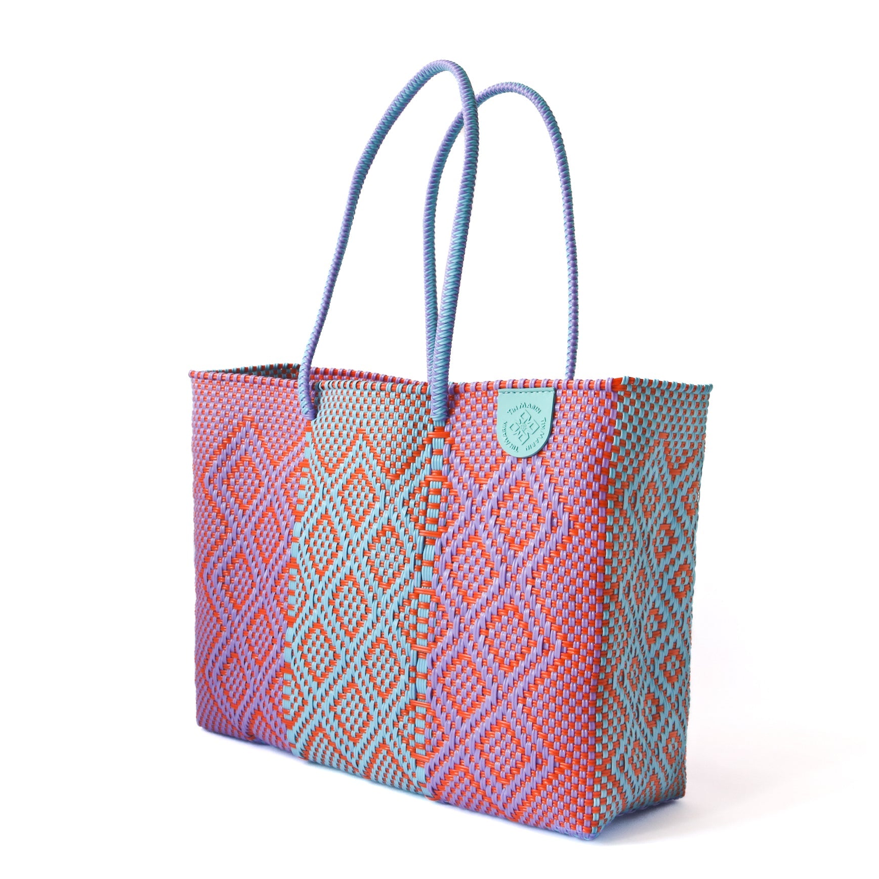 Tin Marin super tote in Sunset Design, A purple, blue and orange oversized tote bag with a shoulder strap.