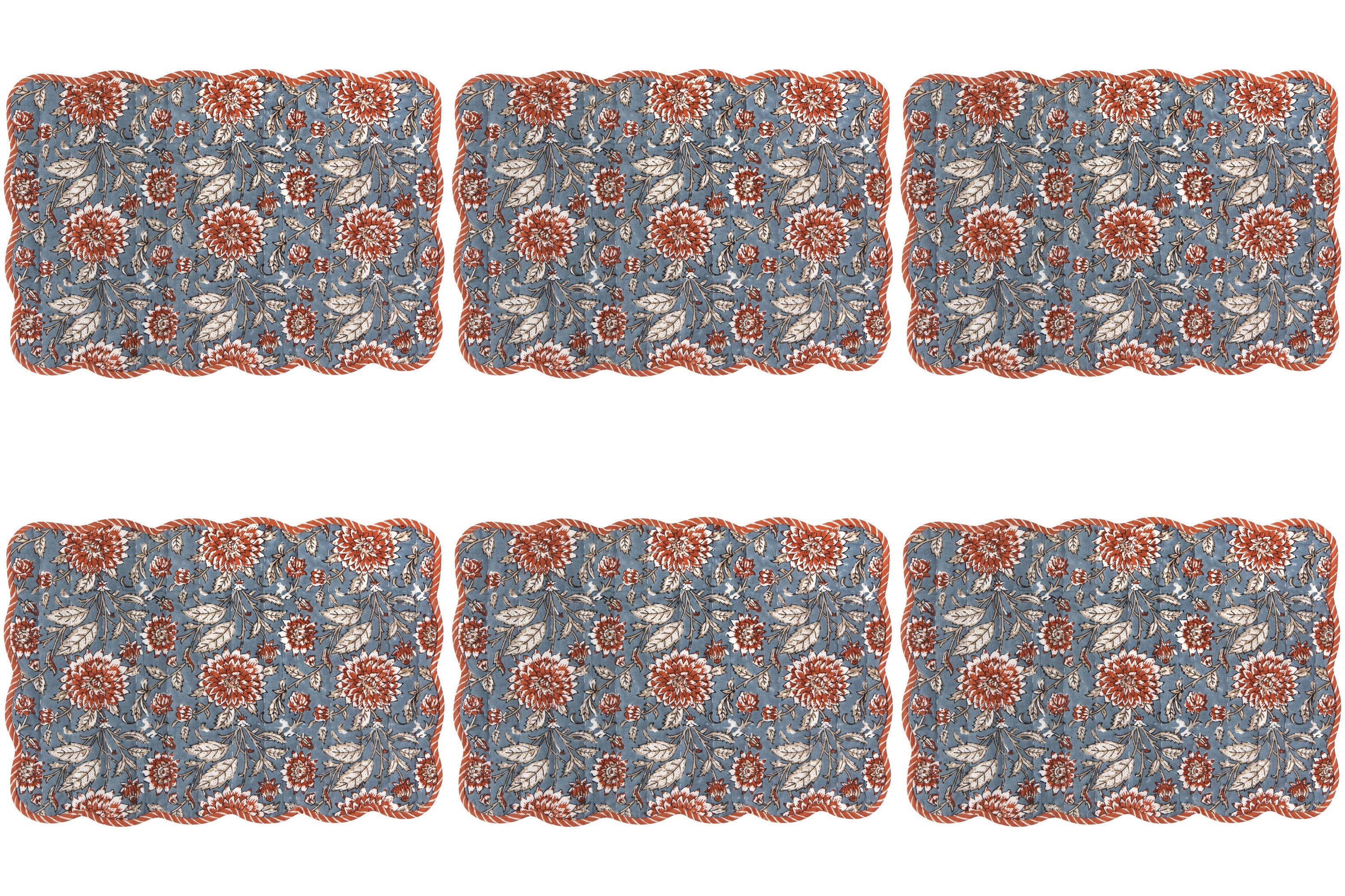 Set of 6 Dahlia Block Print Kantha Placemat