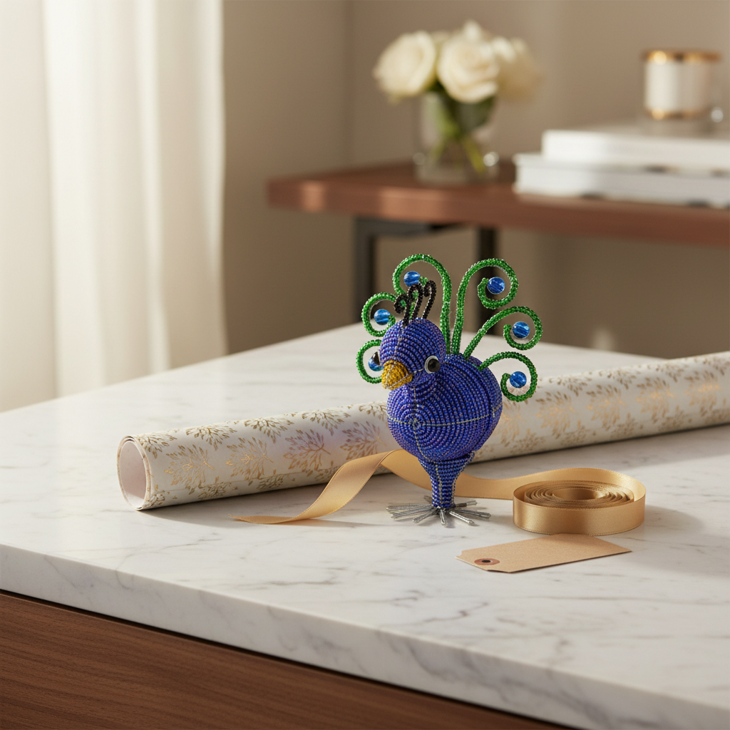 Peacock Baby Set of 2 - beaded peacock figurine as a gift on marble countertop with elegant wrapping