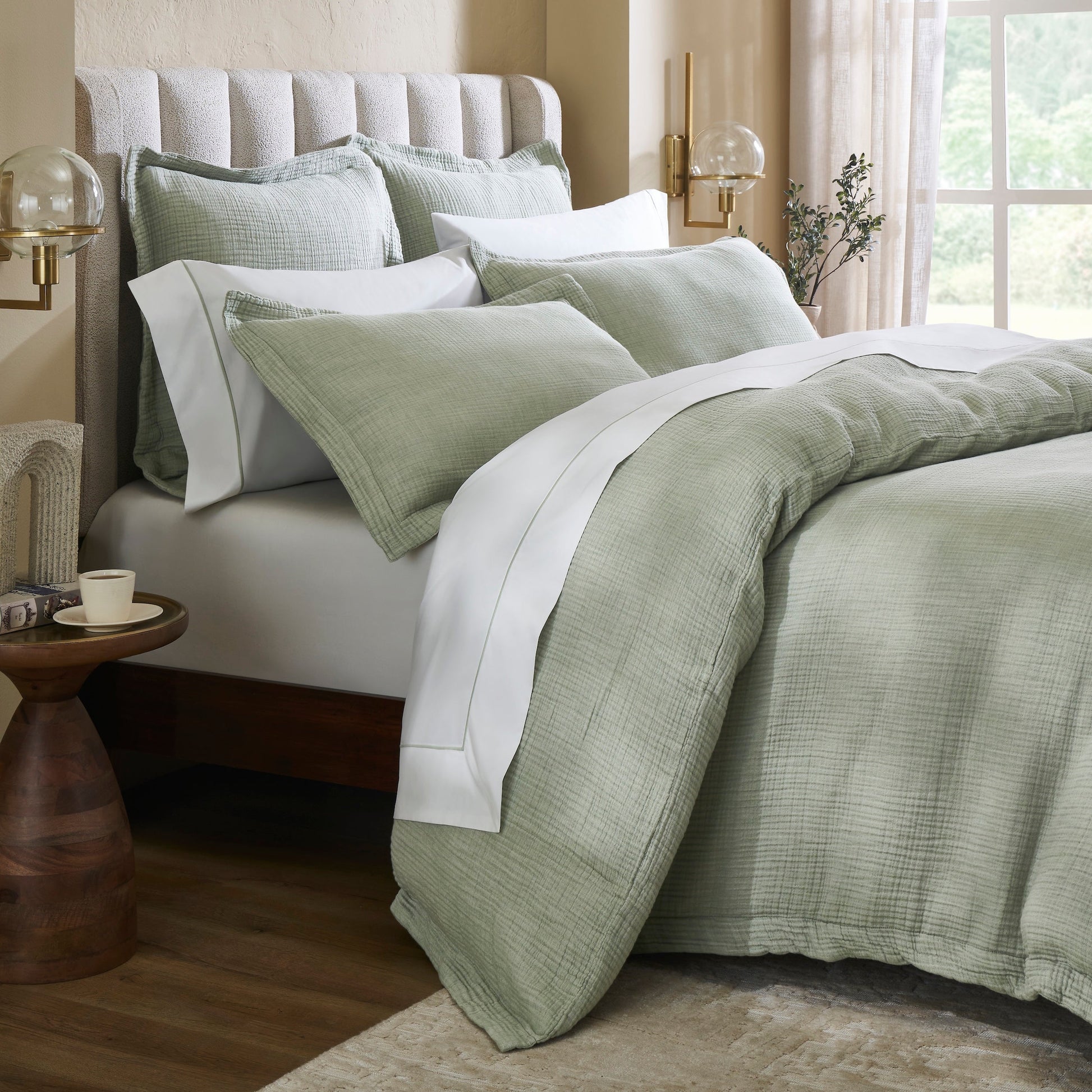 DT-051-9092_4|Sage green textured cotton duvet cover on a modern bed, enhancing bedroom comfort and style. Soft, inviting bedding.