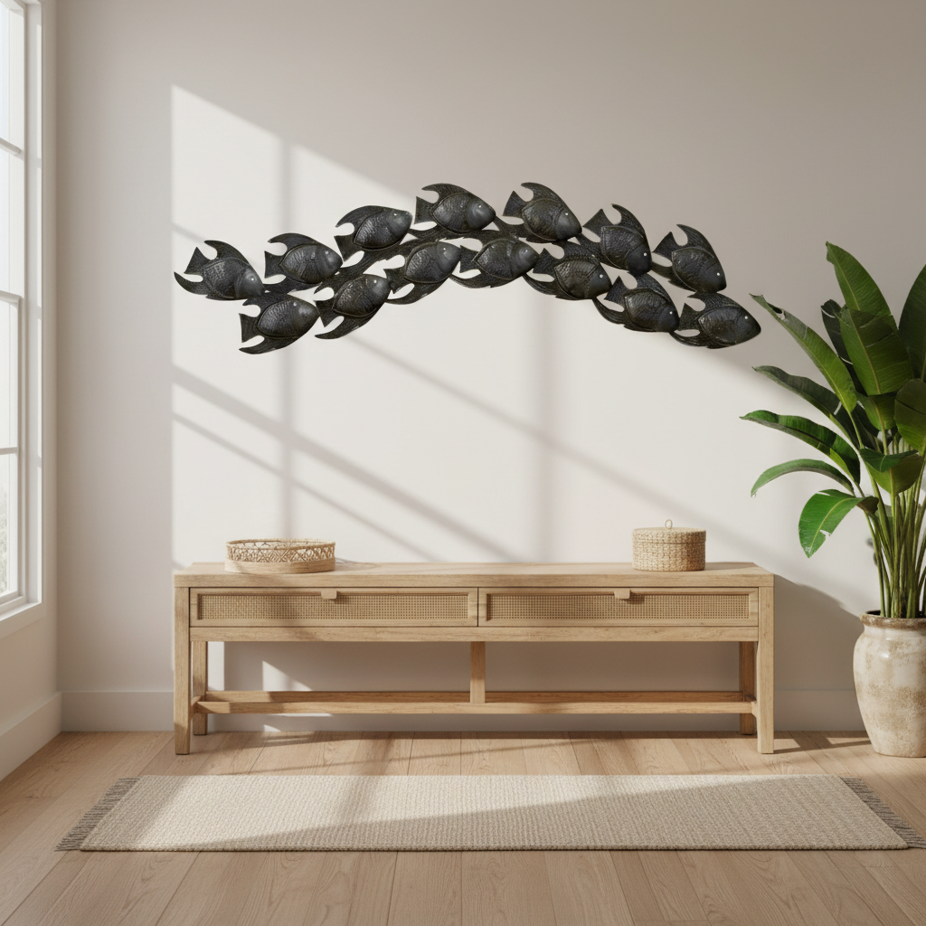 Getting Along Swimmingly - Haitian metal fish wall art in coastal living room decor