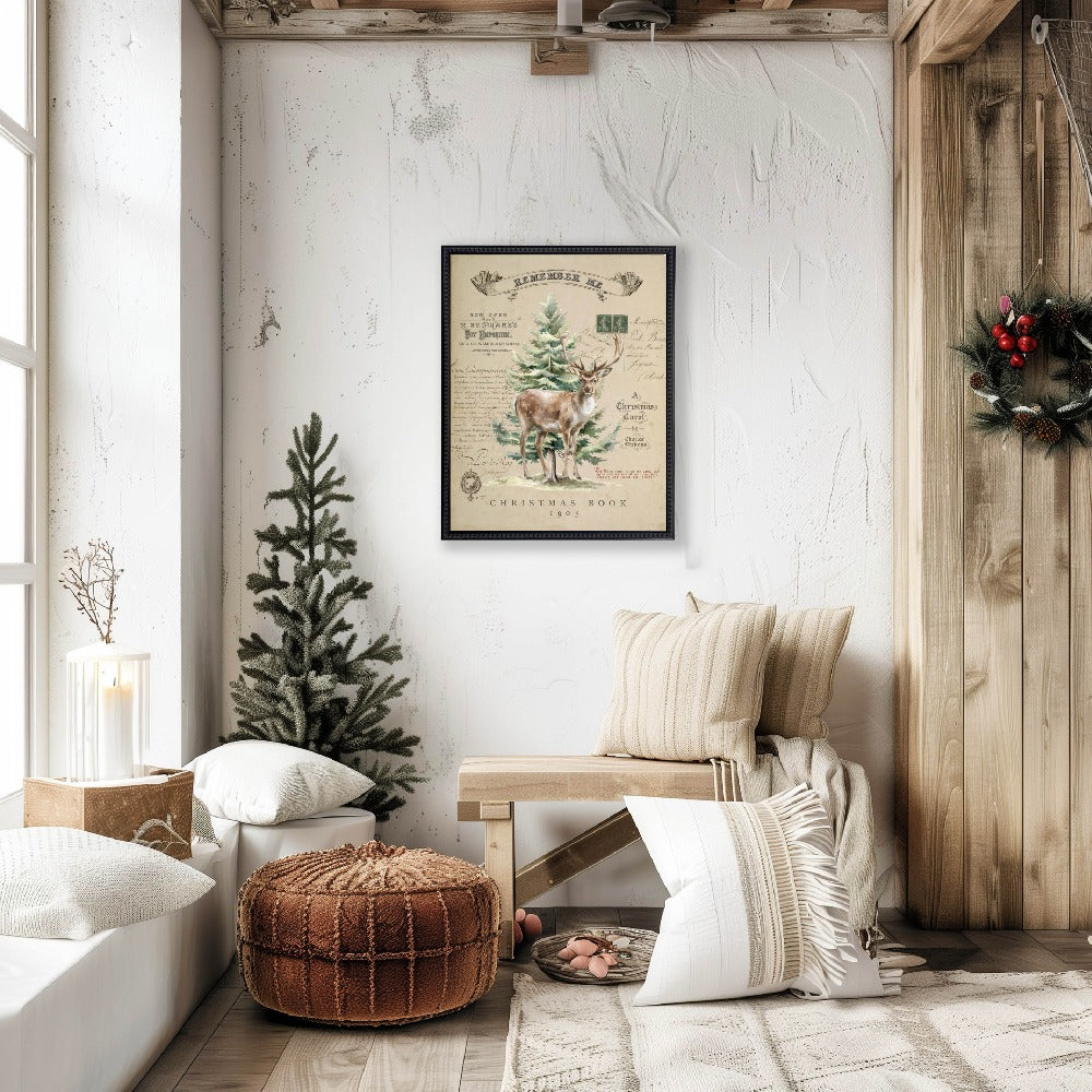 Vintage Painting of a Deer and Tree on a distressed bookplate background