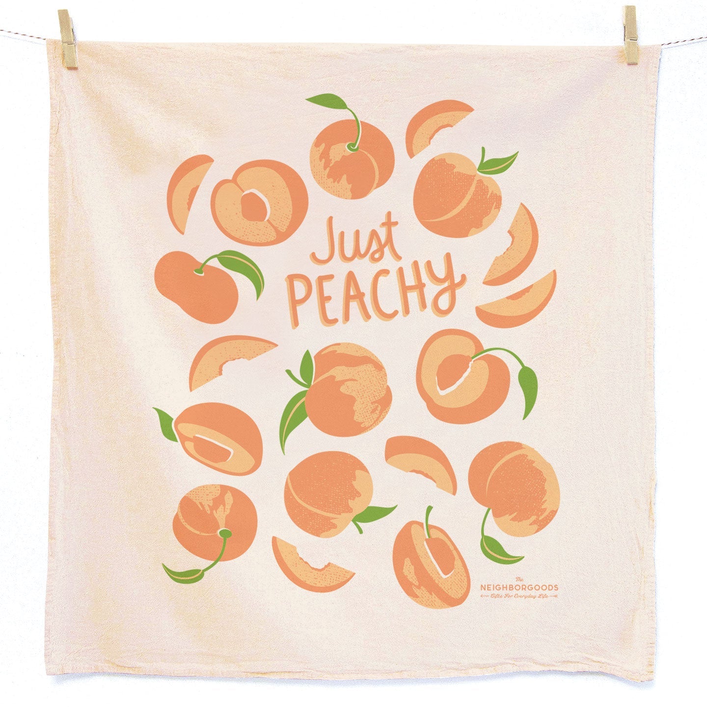 Cotton dish towel with peaches design, featuring the phrase "Just peachy"