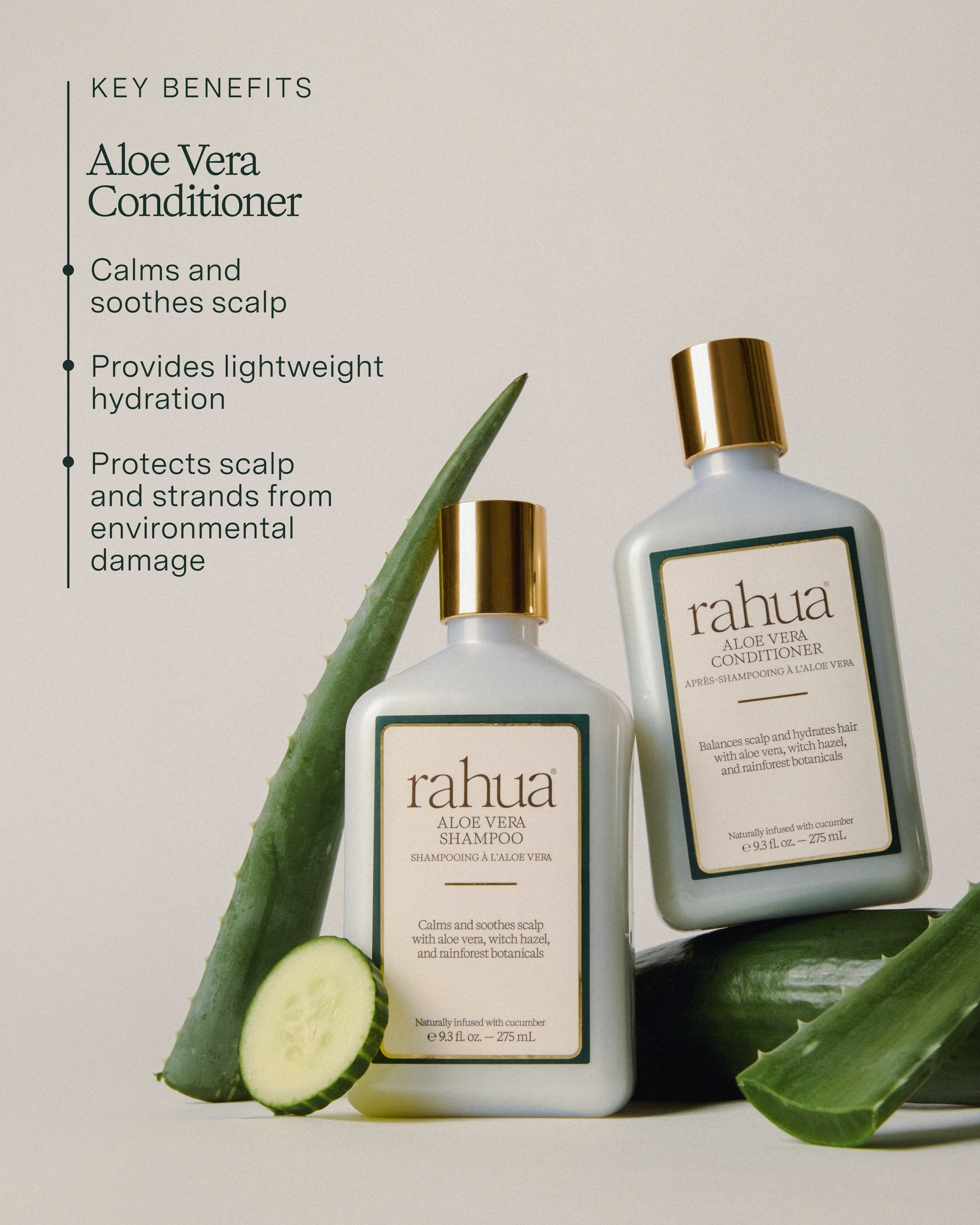 Rahua shampoo and conditioner bottles with aloe vera leaves on a light background