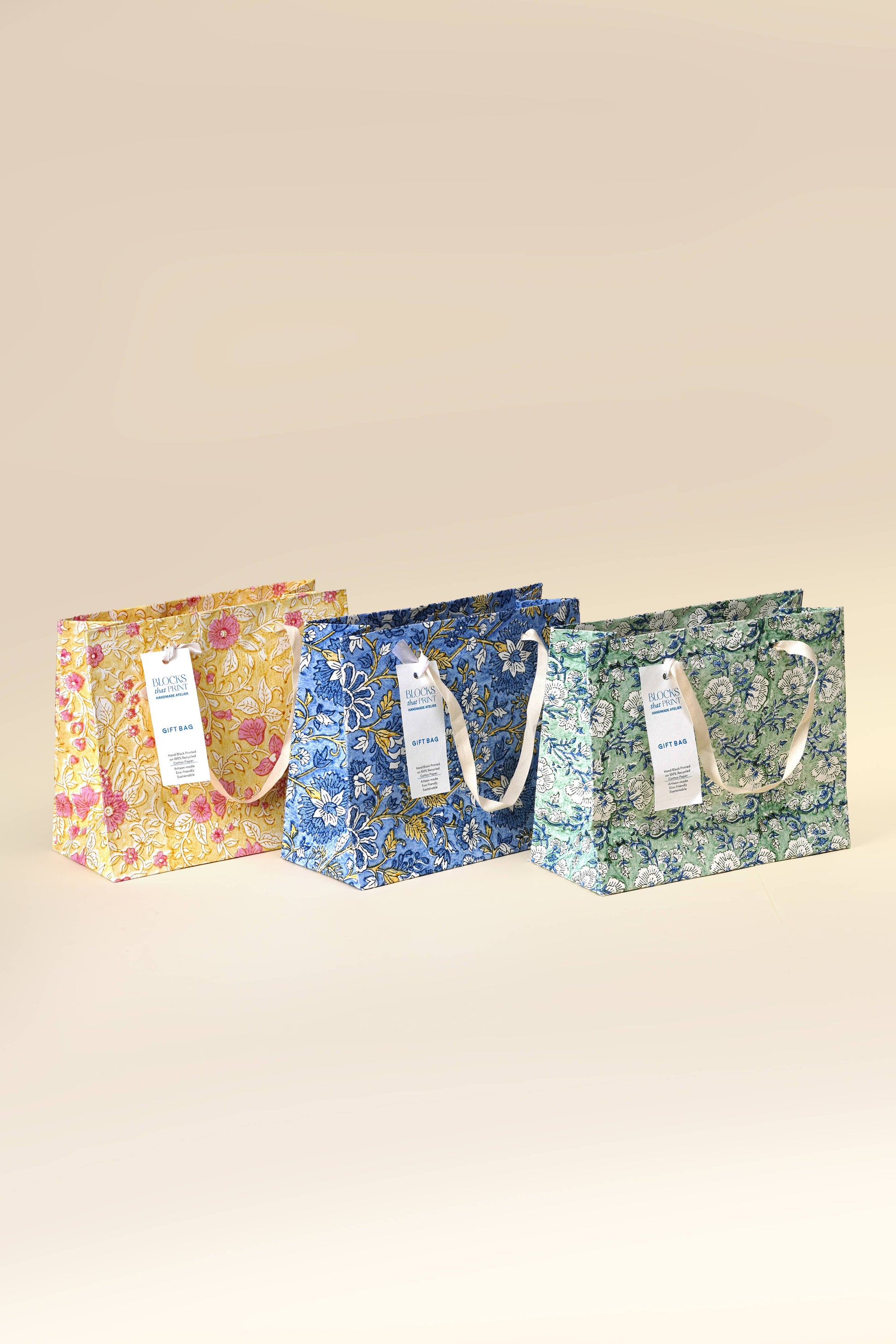 Medium (Set of 3) Hand Block Print Gift Bag- Heirloom Motifs