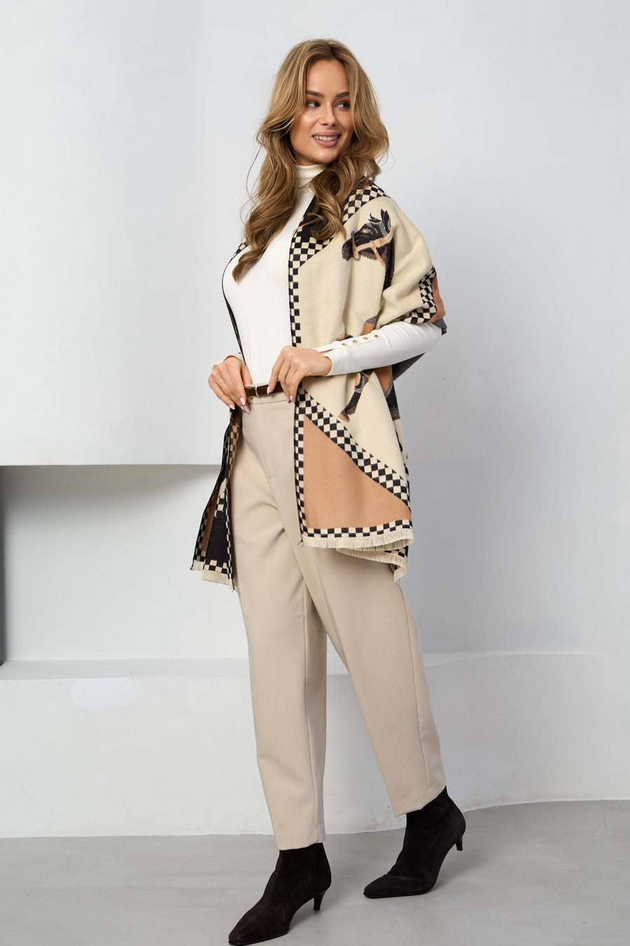 Checkered Equestrian Reversible Scarf - Brown