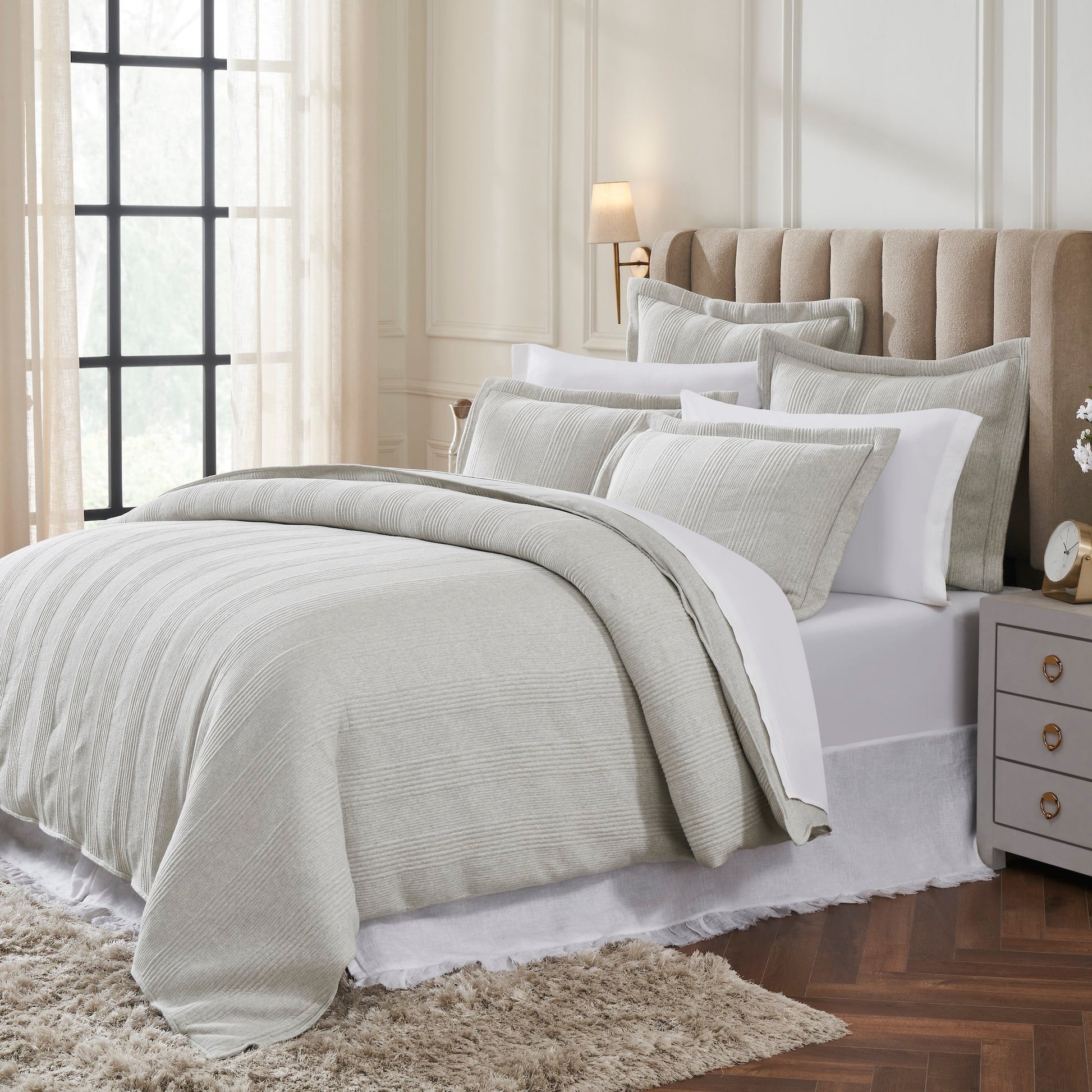 DT-044-9092_2|Light grey ribbed duvet cover set creates a cozy, modern bedroom retreat with matching textured shams for ultimate comfort.
