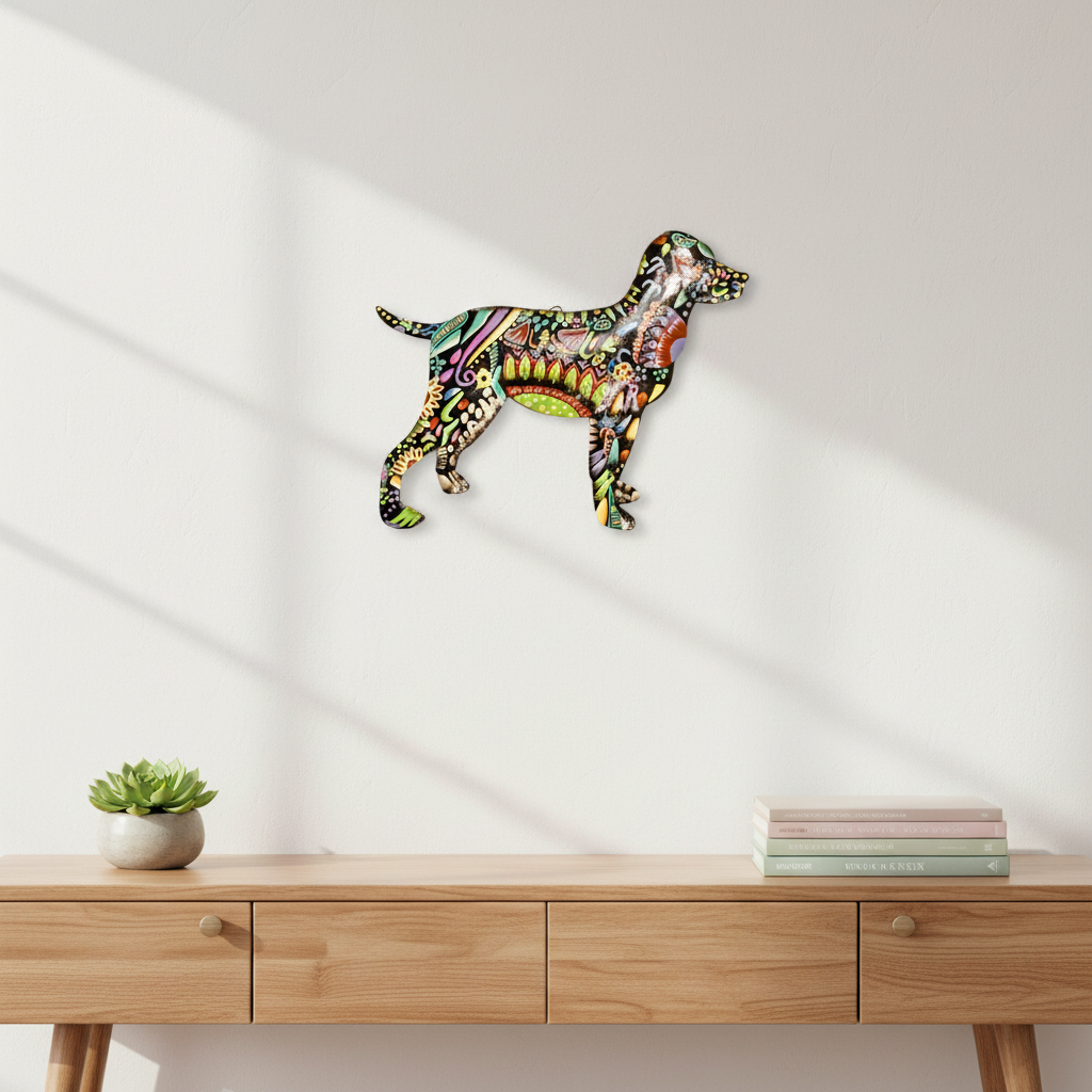 Vivid Dog Haitian metal wall art displayed indoors above a wooden console table with plants - SM05422