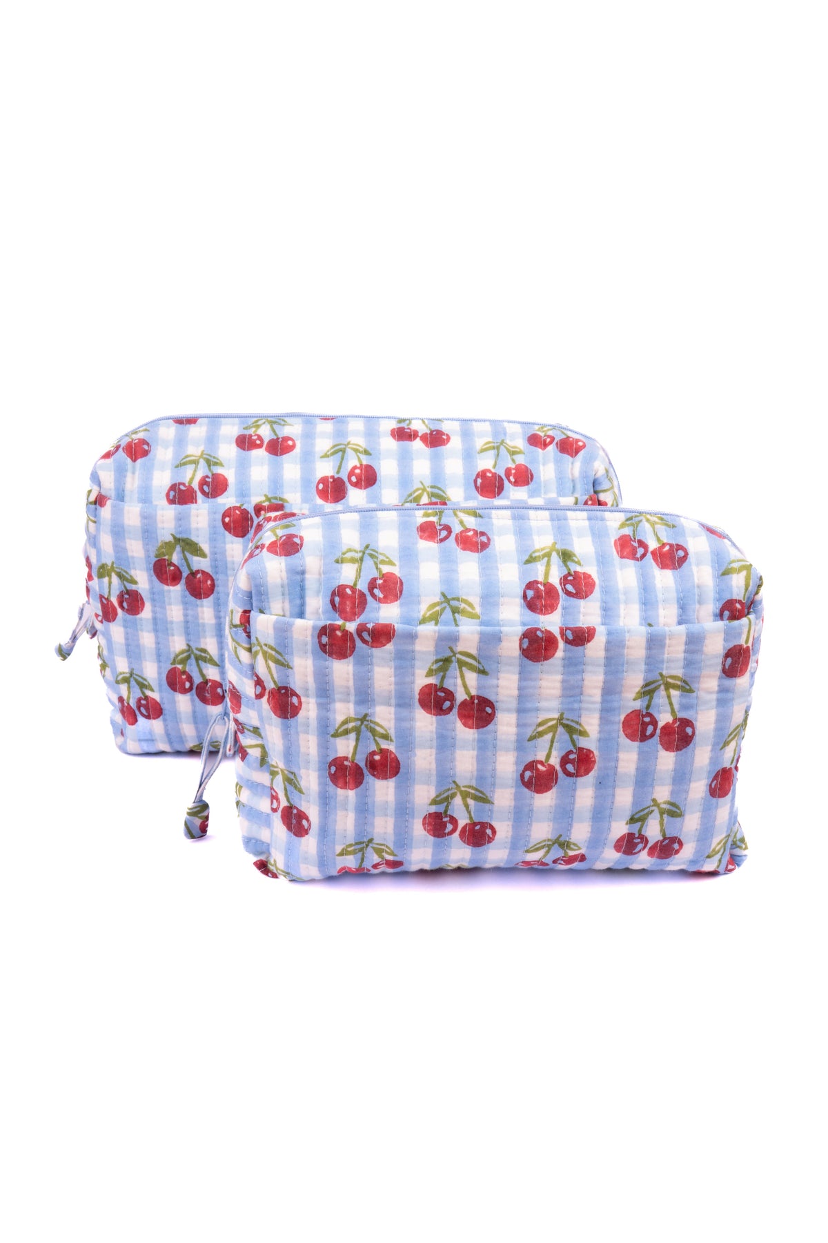 Blue gingham cherry blockprint makeup bag set