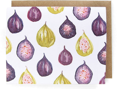 White card with watercolor figs design, with a brown envelope