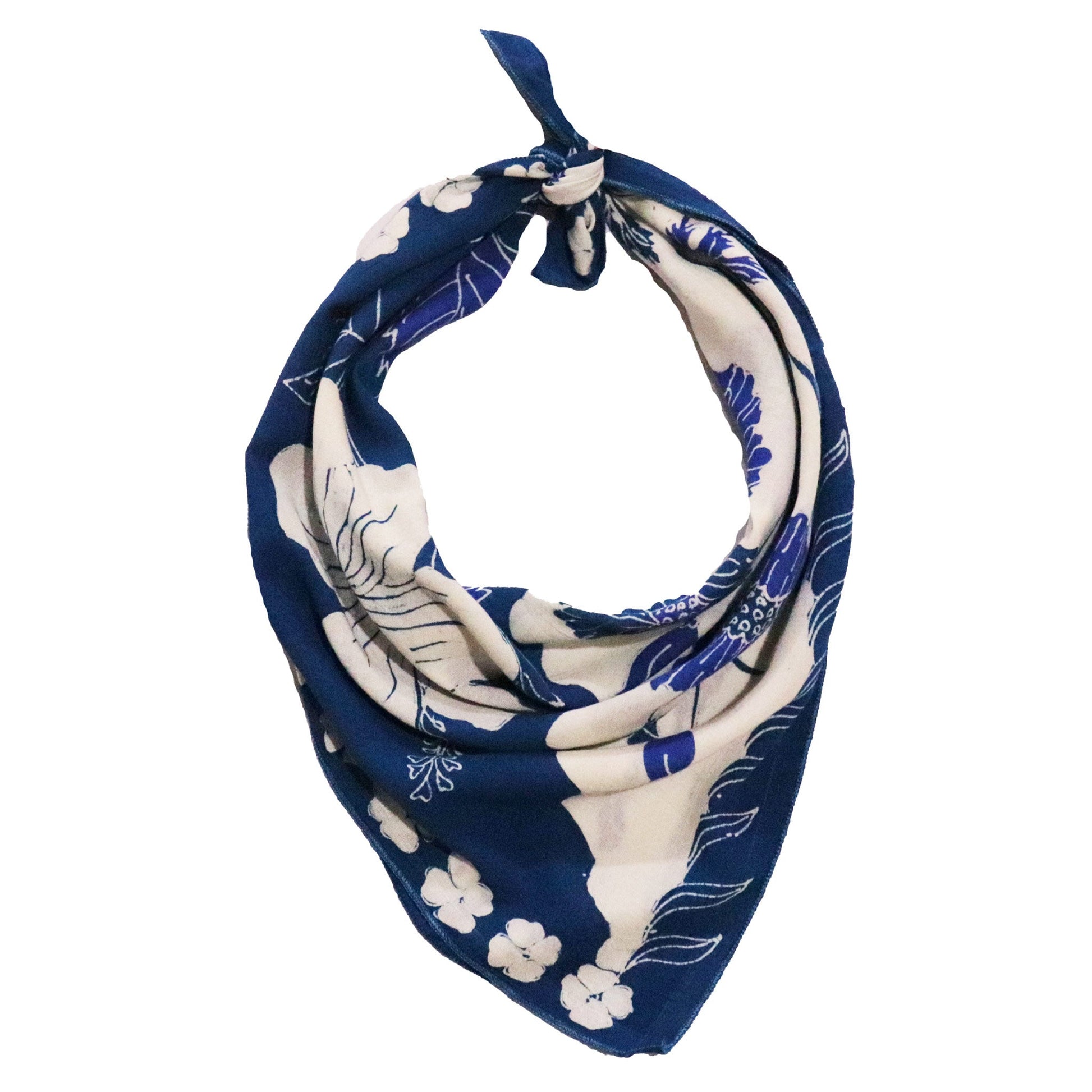 Navy blue bandana with white floral and leaf pattern on a white background