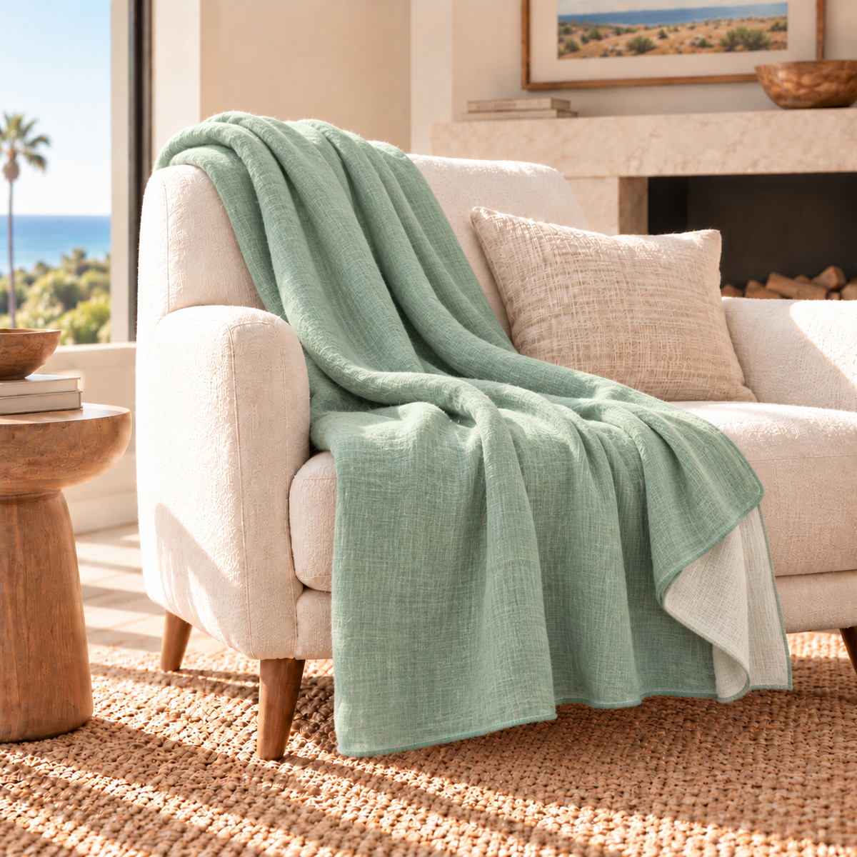 Fern Green & White reversible handwoven alpaca throw blanket, Kani Collection, made in Ecuador