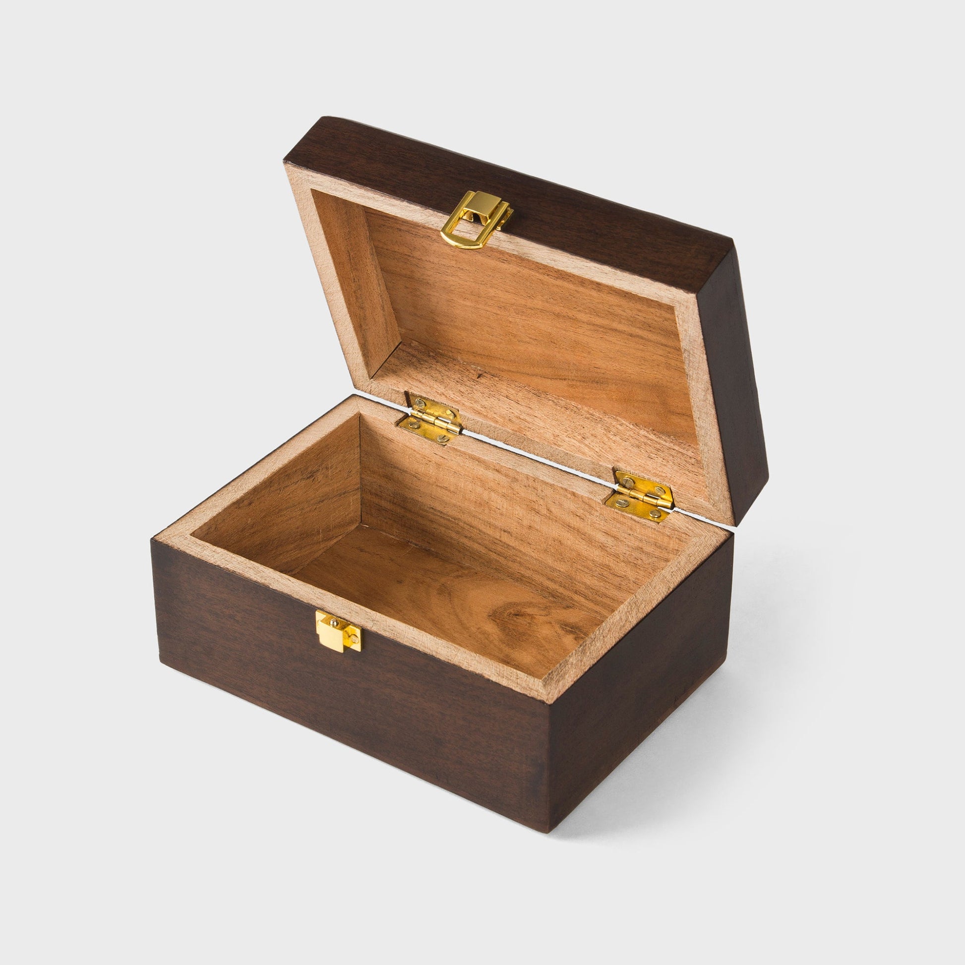 close-up of urban walnut finish and metal latch on acacia wood keepsake box
