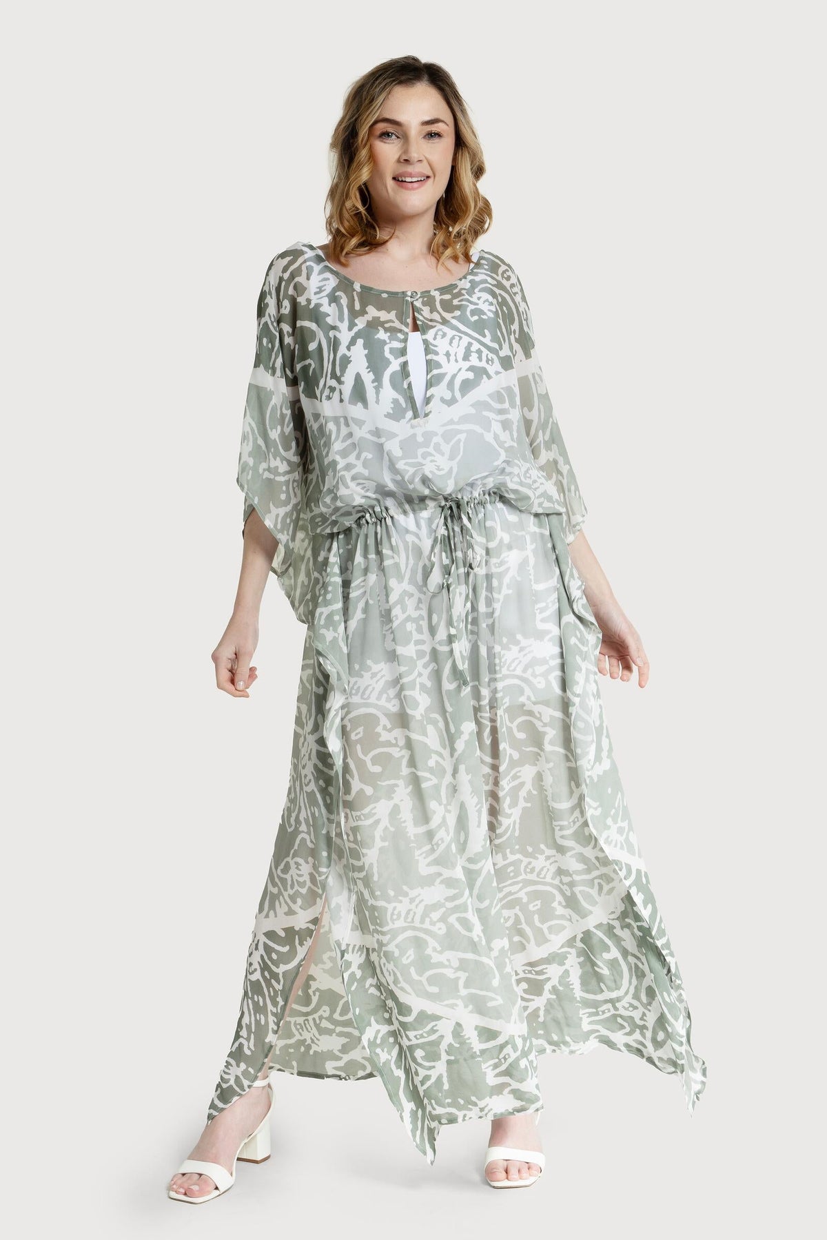 Floral Kaftan Tie Waist Monochrome - Green