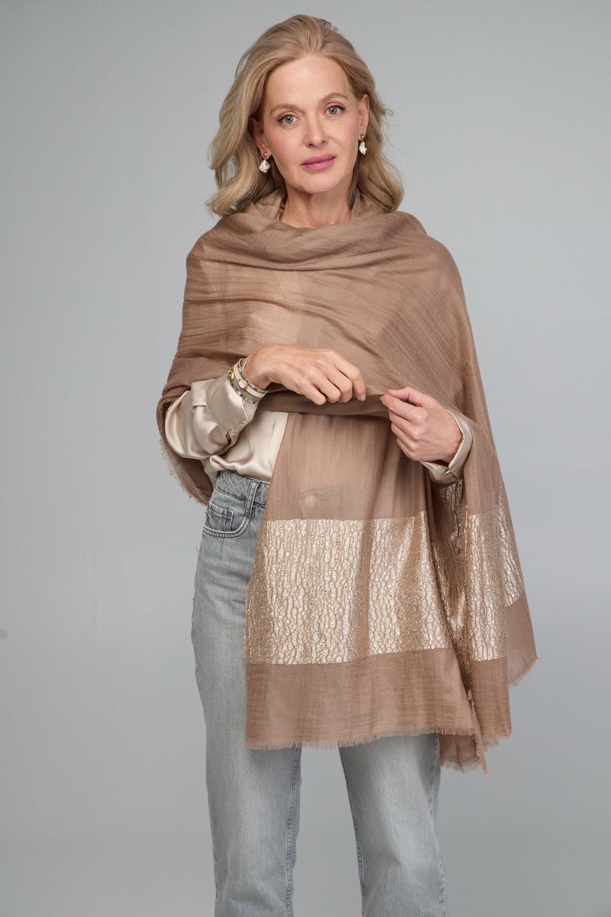 Embellished Cashmere Wrap - Wheat