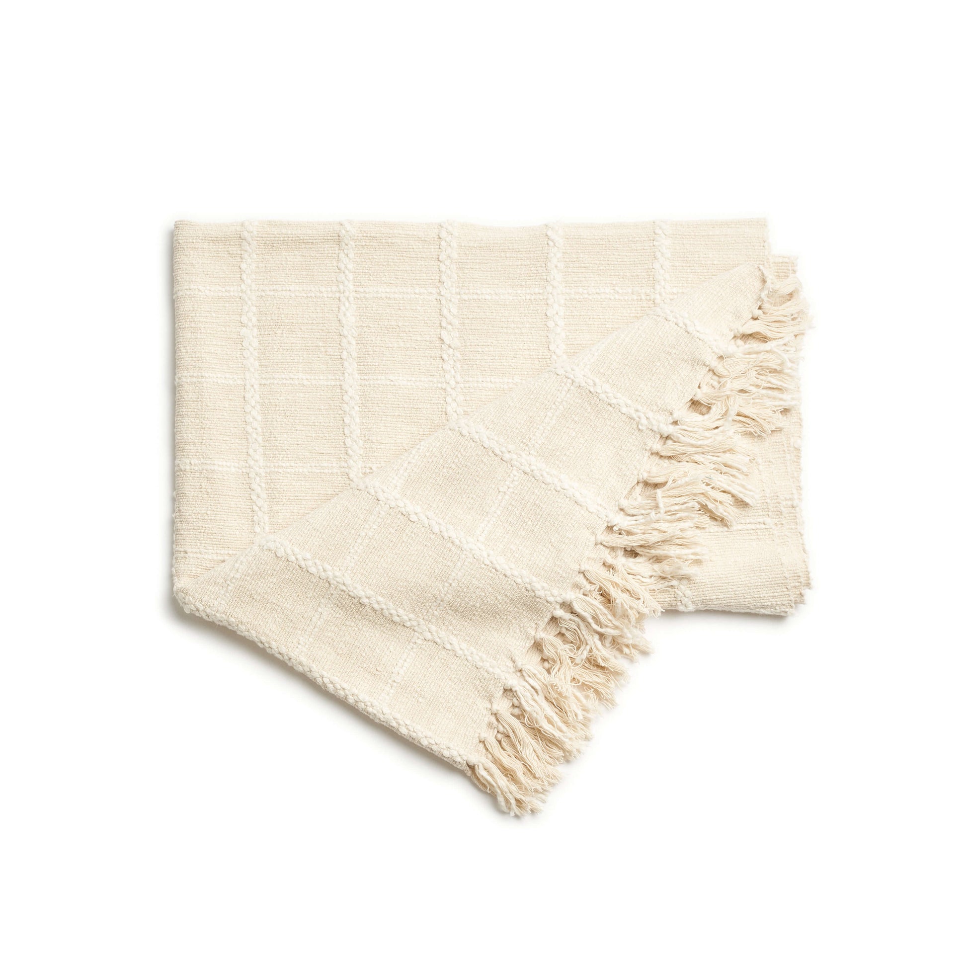 Sea Shell White Textured Checks Handloom Throw with subtle checked surface and hand-rolled fringes.