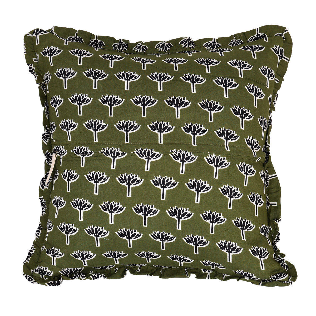 Forest green pillow cover close view of hand-block motif