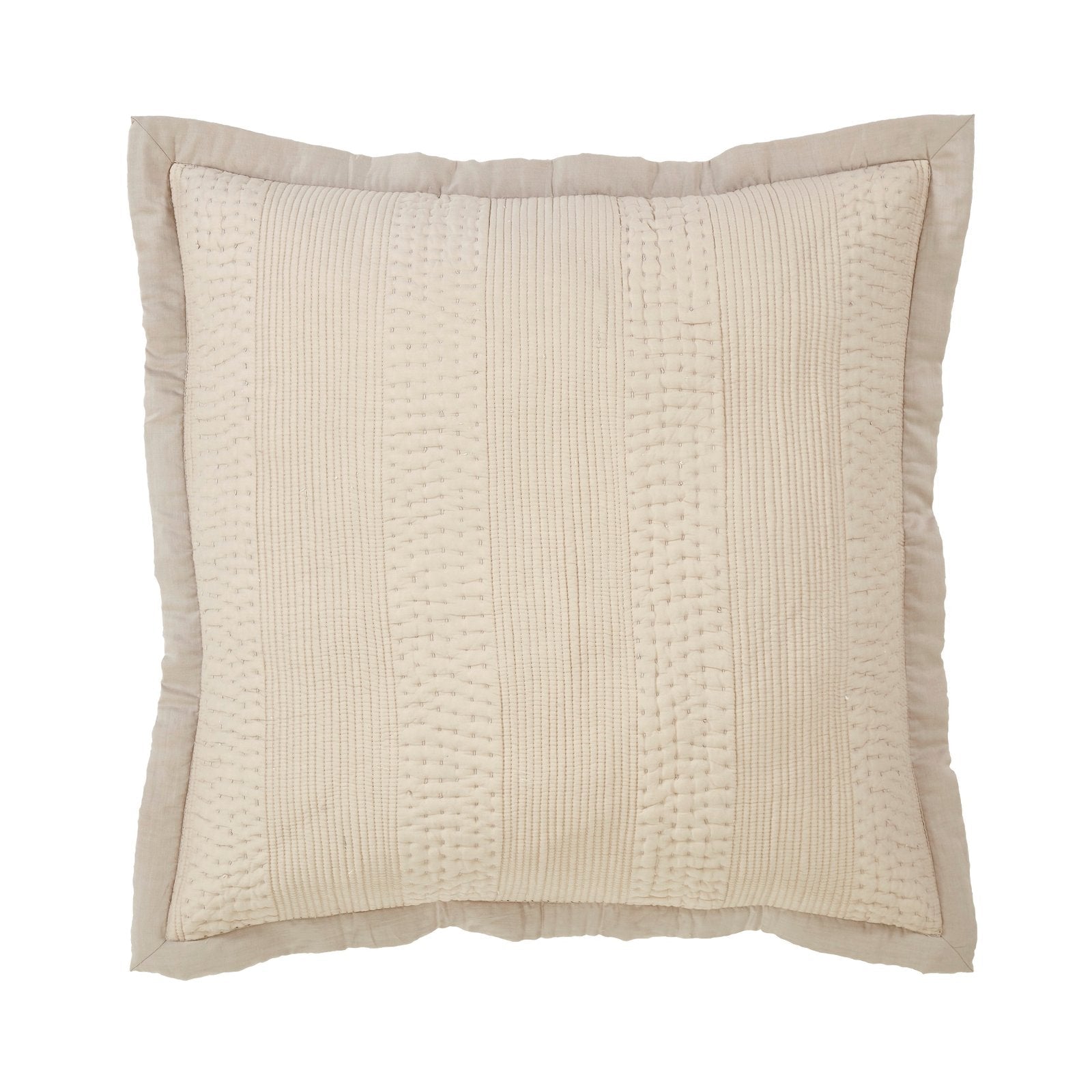 ES-164-2626-LOT1_1|Soft beige coverlet pillow sham featuring mixed quilted textures, vertical stripes, and a subtle frill edge. Cozy bedroom accent.