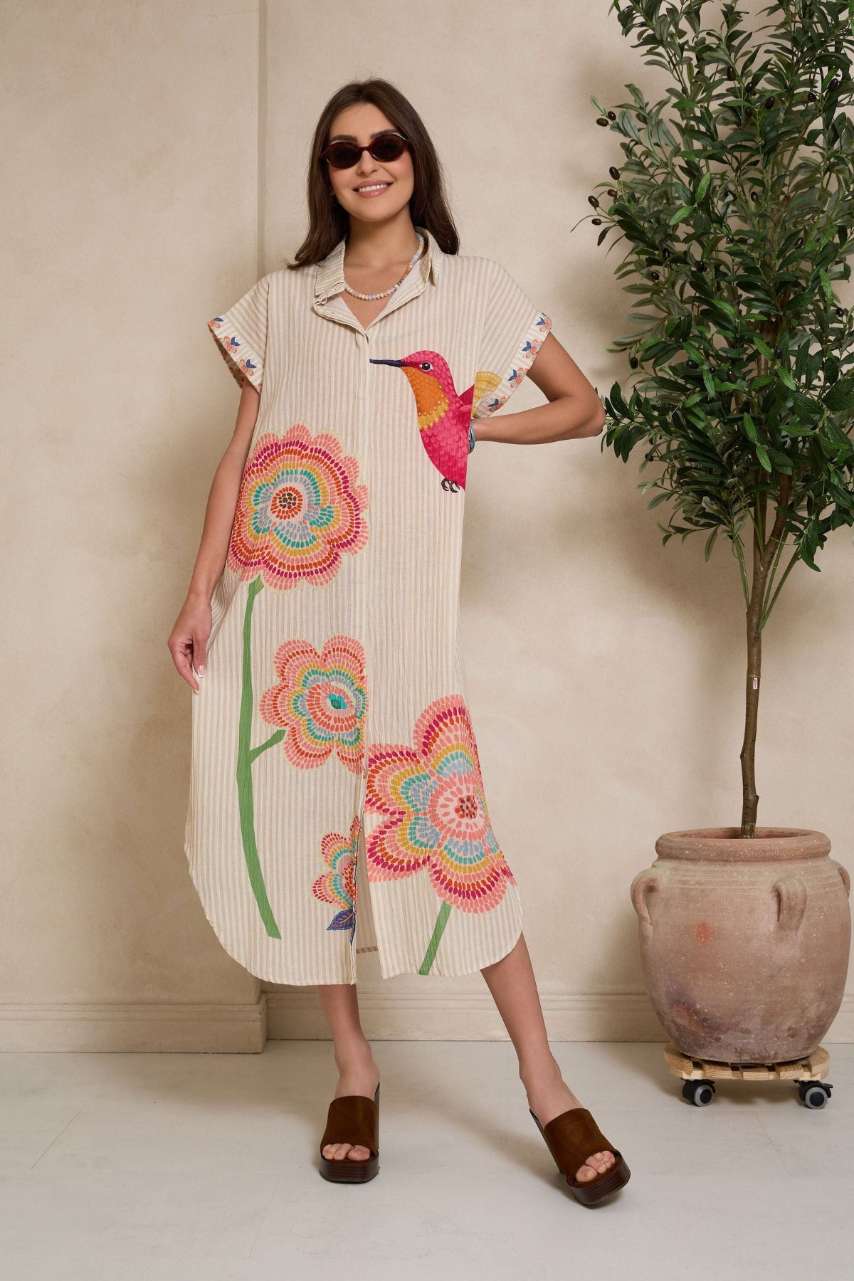 Hummingbird Printed Kaftan - Natural