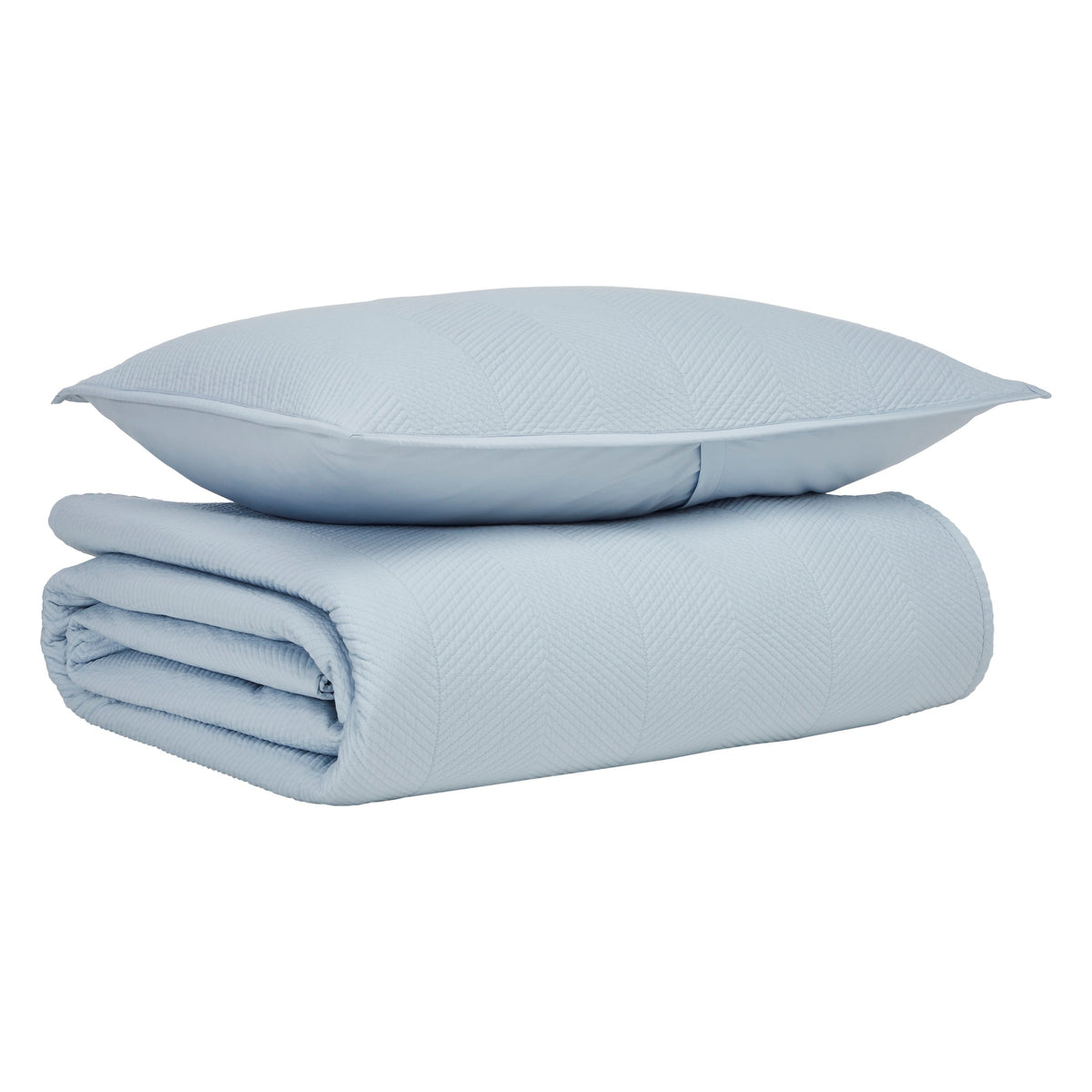 CL-262-11096_5|Folded light blue quilted coverlet featuring a crisp herringbone pattern, paired with a matching pillow for stylish bedding.