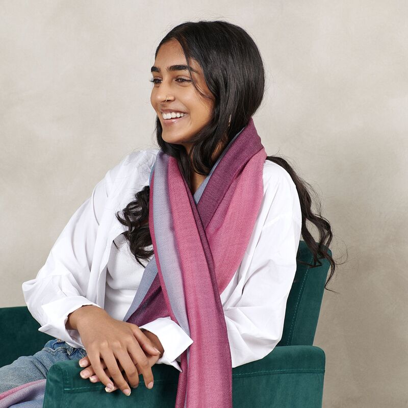 Iris Haze Blue Pink Cashmere Merino Handloom Scarf styled on a model, showcasing the unique color blend.