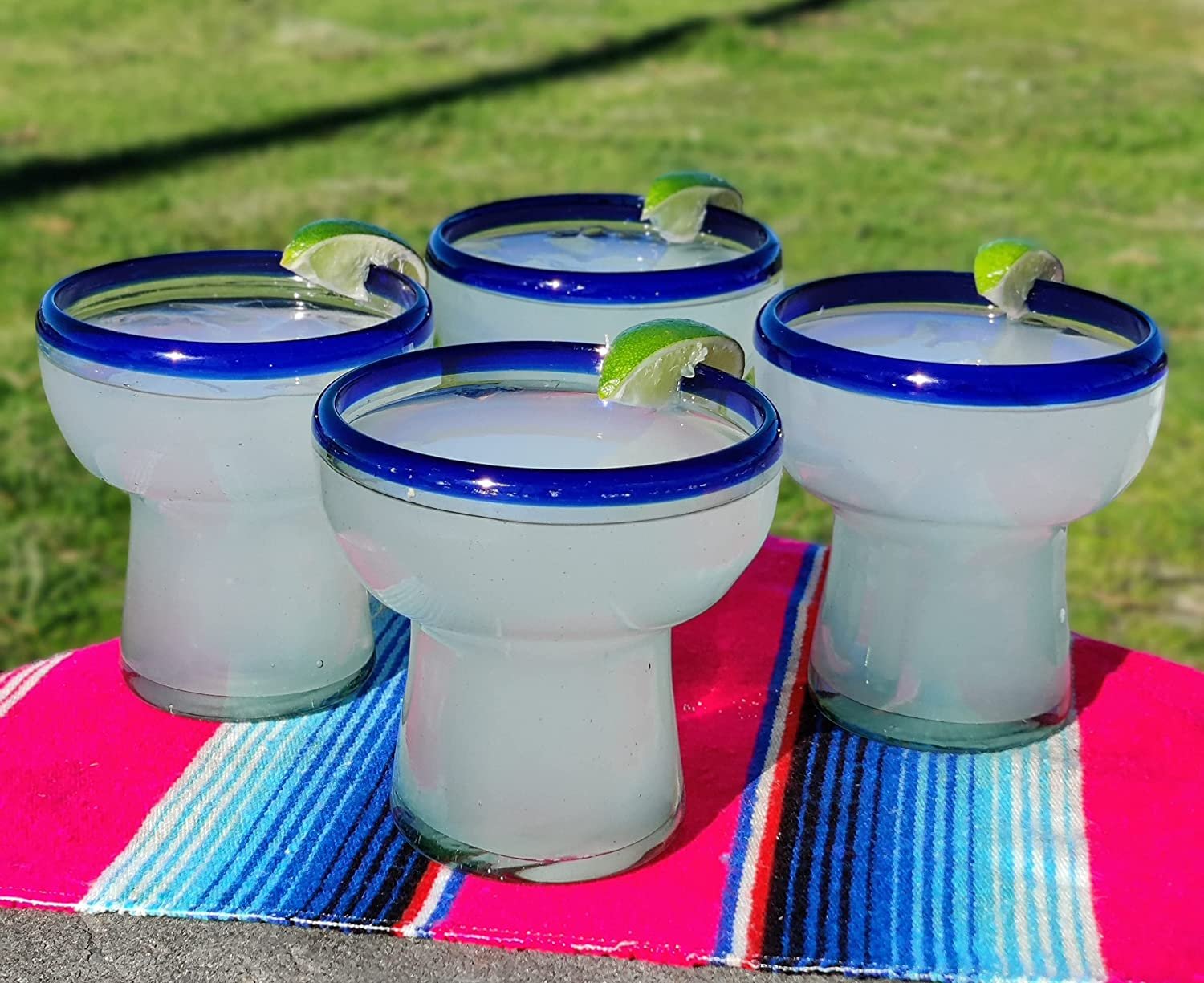 Set of 4 Hand Blown Stemless Blue Rim Margarita Glasses