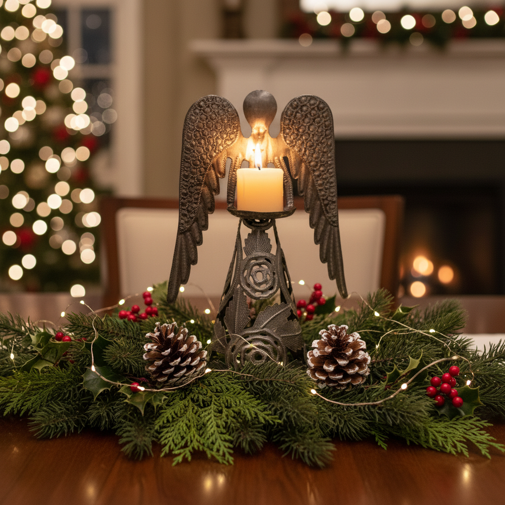 Standing Rose Angel Candle Holder as a holiday dining table centerpiece with Christmas decor - SM964