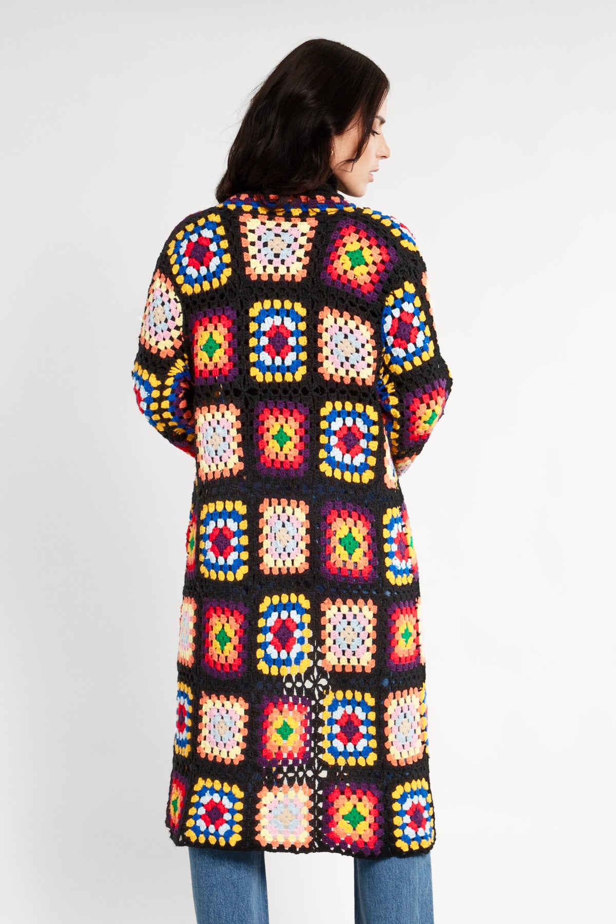 Granny Square Crochet Kimono - Black