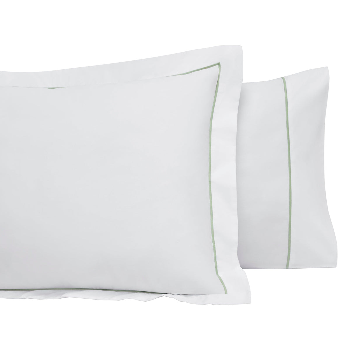 AKP-533-2040_6|Close-up of a white 100% cotton sateen flat sheet with a single light gray stitched border detail on the hem.