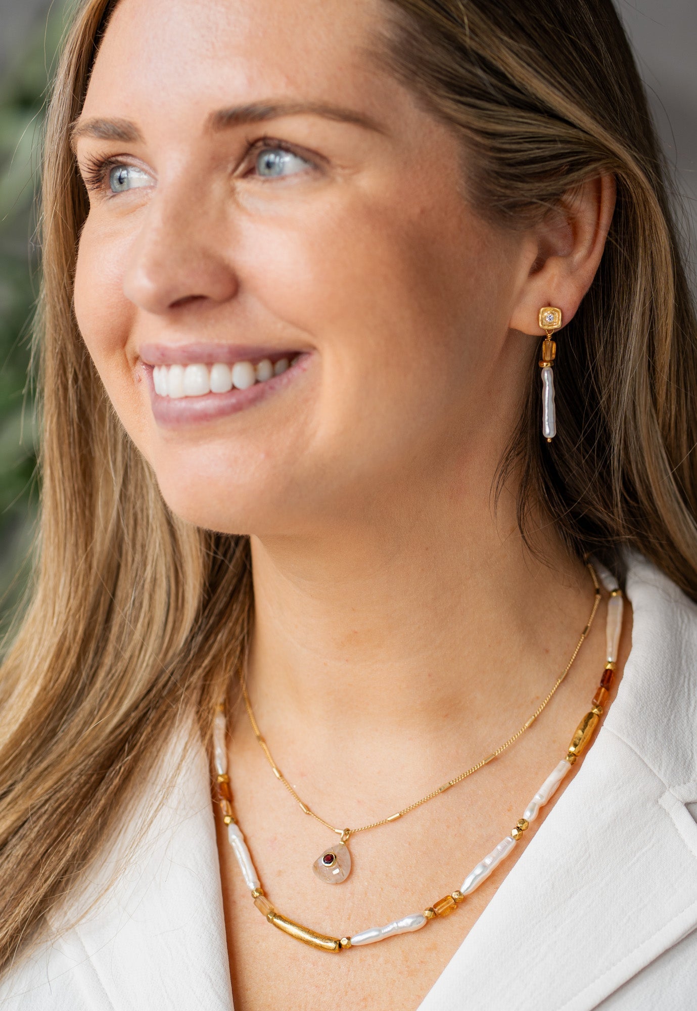 Biwa Pearl and Hessonite Garnet beaded necklace with gold accents on adjustable chain
