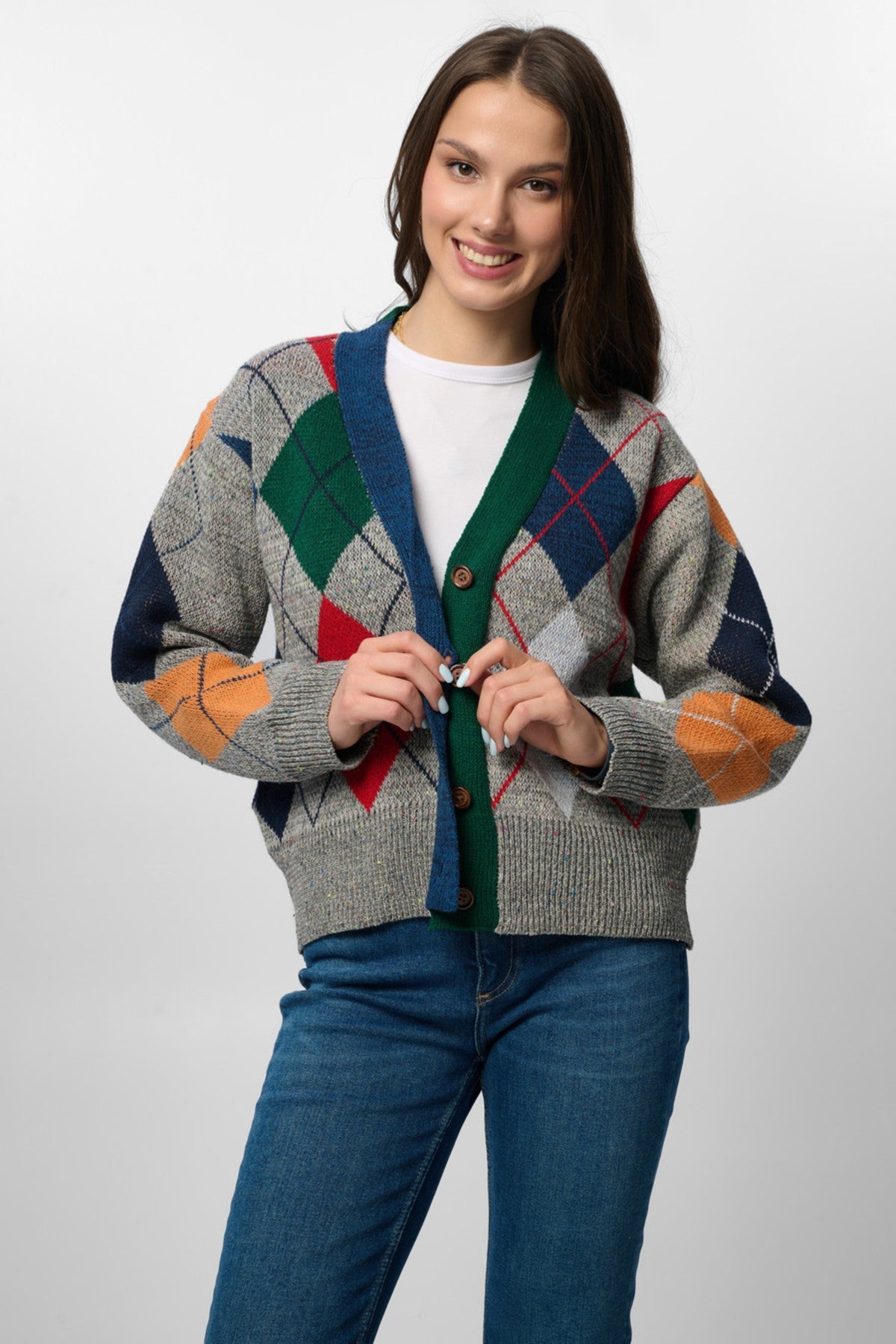 Classic Colorful Argyle Cardi - Grey