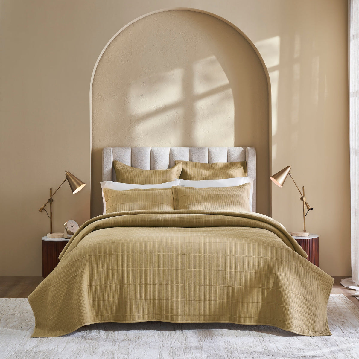 CL-269-9496_2|Full view of a king bed styled with a sophisticated beige textured coverlet, matching pillows and shams for comfort.