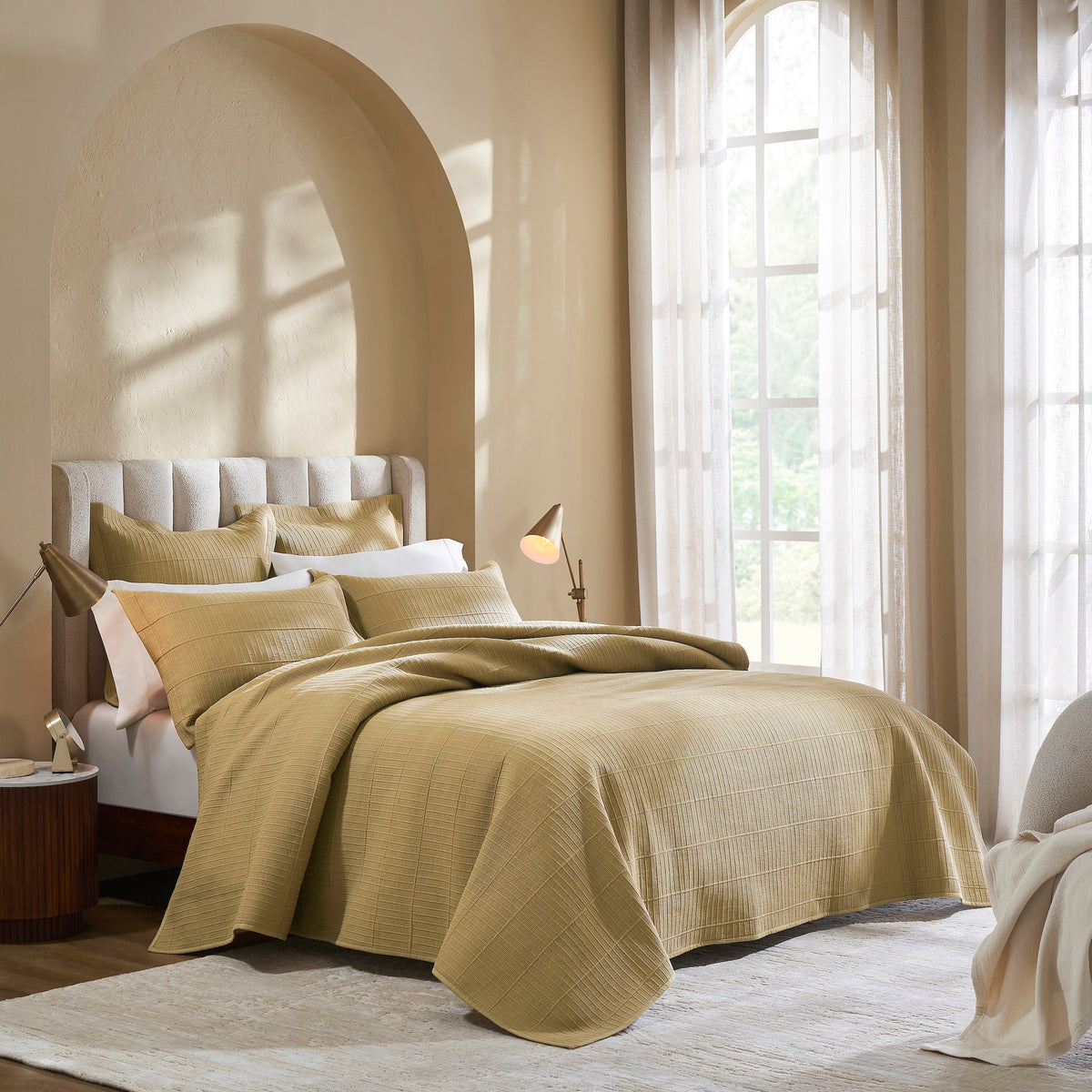 CL-269-9496_1|Elegant beige textured coverlet beautifully draped on a queen bed in a stylish modern bedroom setting with pillows.