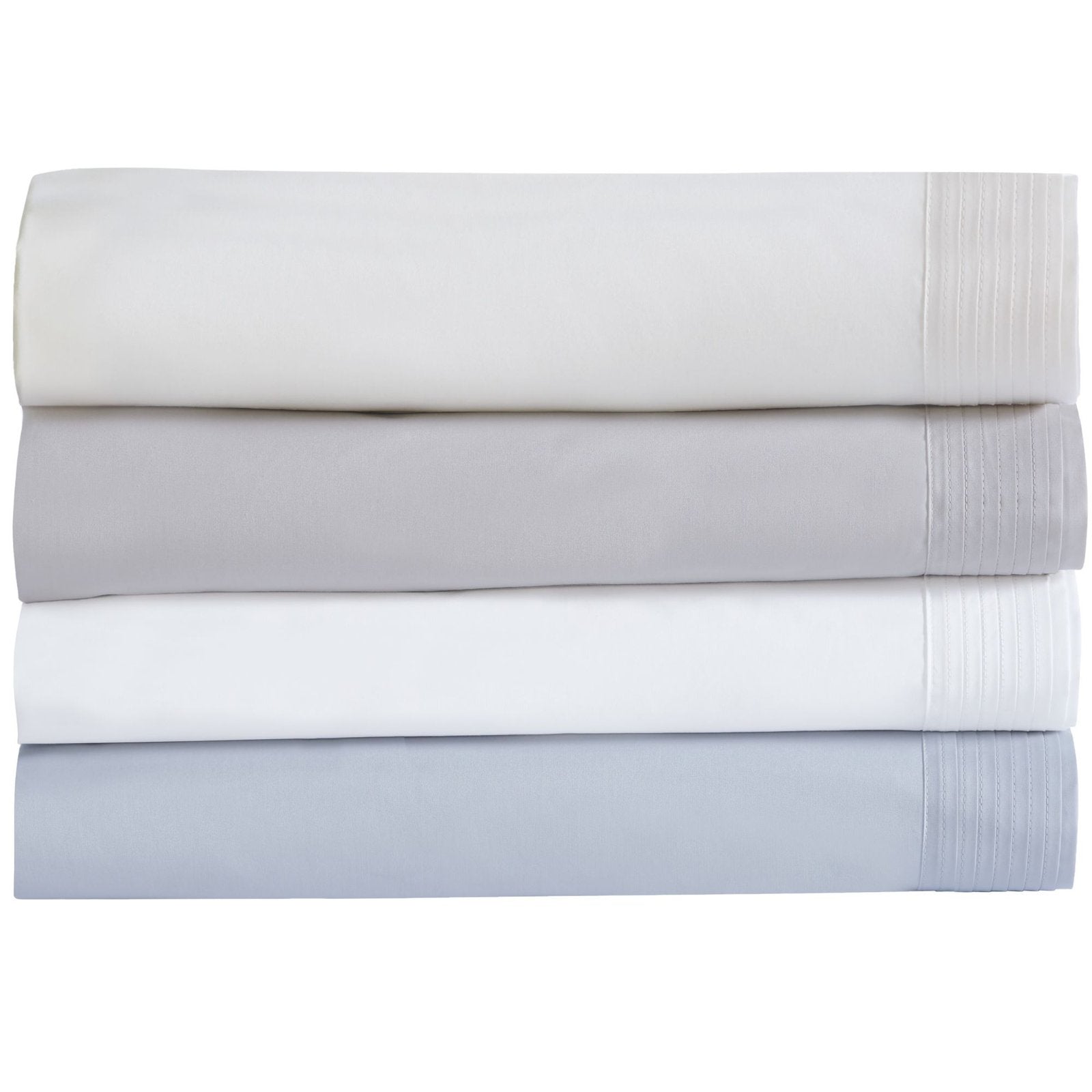 KSS-521-7880_5|Stack of various colored 100% cotton sheets (white, grey, blue) with pleated details, soft and luxurious bedding.