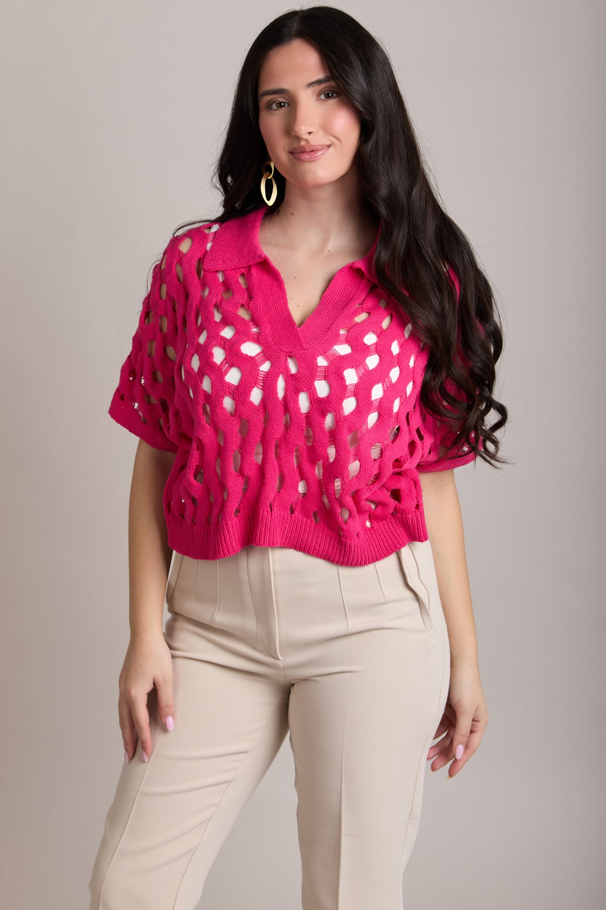 Knit Cut-Out Collared Shirt - Fuchsia
