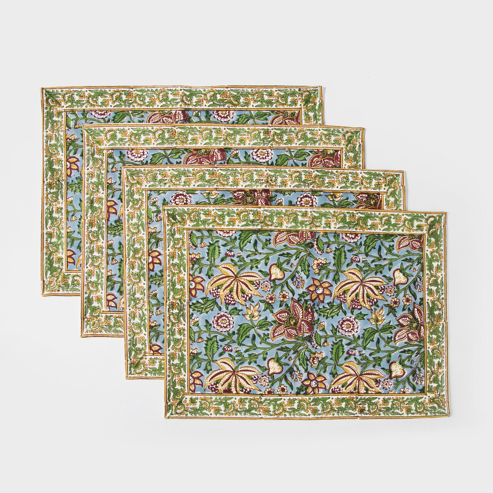 Hand Block Printed Cotton Placemats Set of 4 in Green & Blue Floral