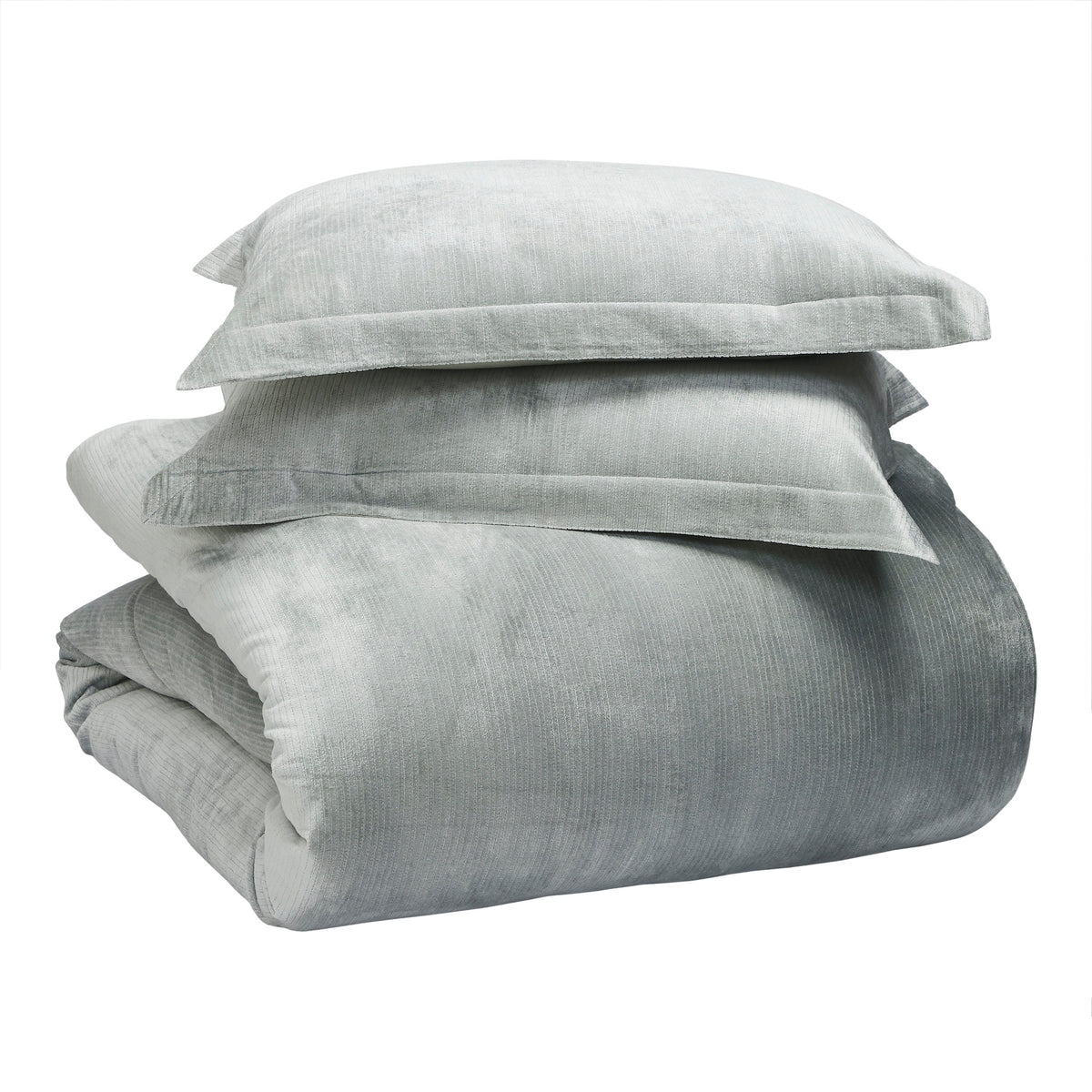 KS-054-2036_4|Complete grey duvet cover set, folded with matching shams. Features soft textured fabric for a luxurious and coordinated bedroom.