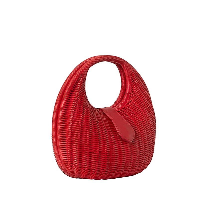 Shop Sarah Stewart red wicker and leather Matilda purse with cotton lining. A modern, relaxed luxury handbag.