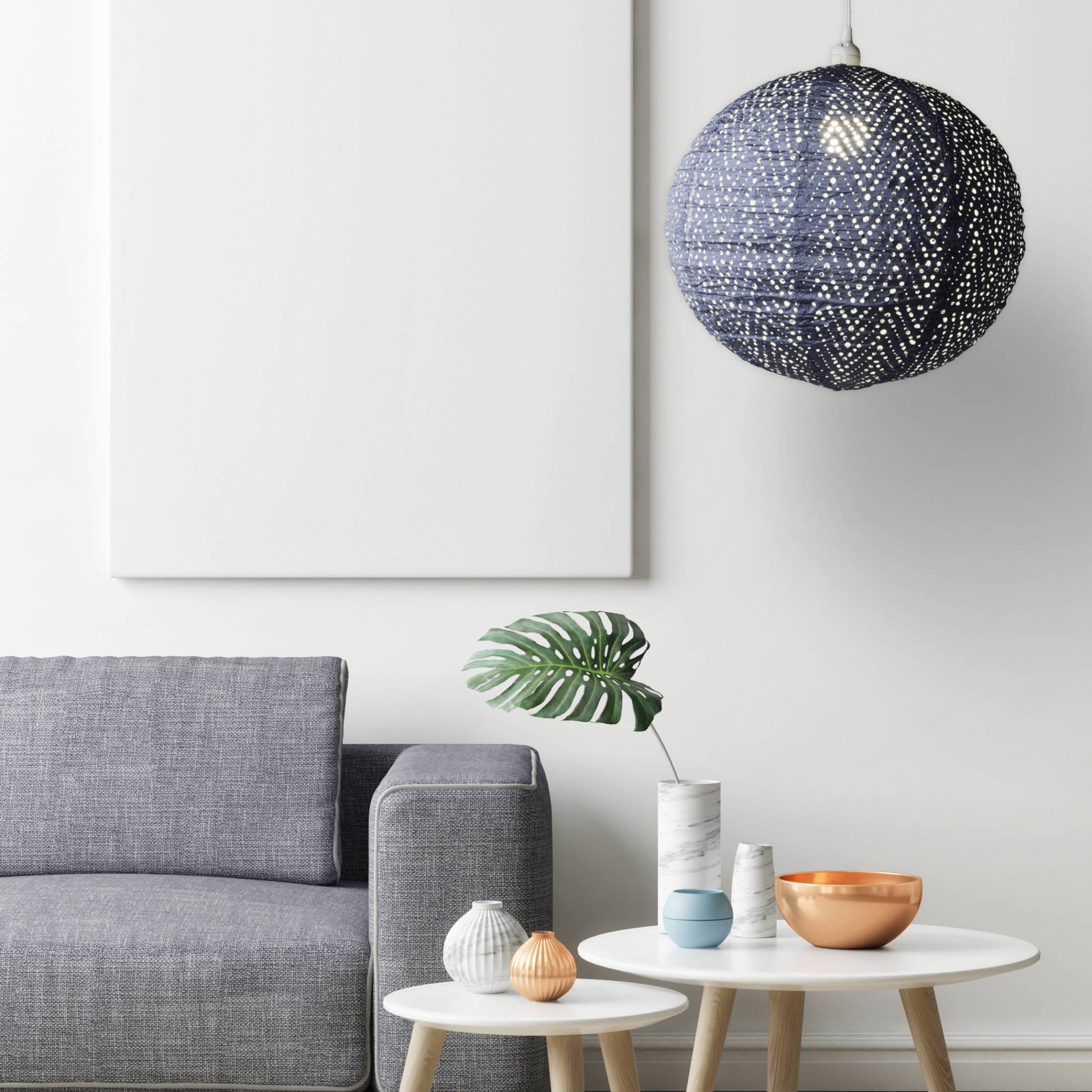 Soji Stella Nova Indoor Outdoor Tyvek Pendant Lamp in living room