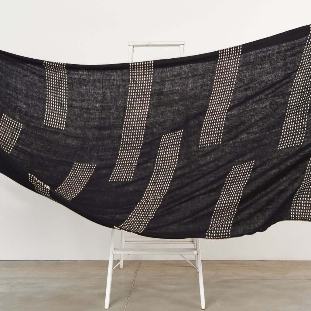 Walnut Black Yak With Hand Knotted Merino Stripes Handloom Throw displayed on a stand with textured stripe design.