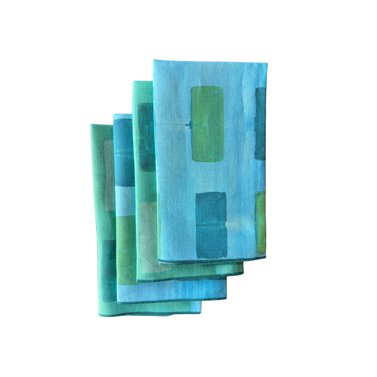 Blue Tapestry linen dinner napkin set of 4 with bold abstract brushstroke pattern in turquoise blue and green - Goldie Home