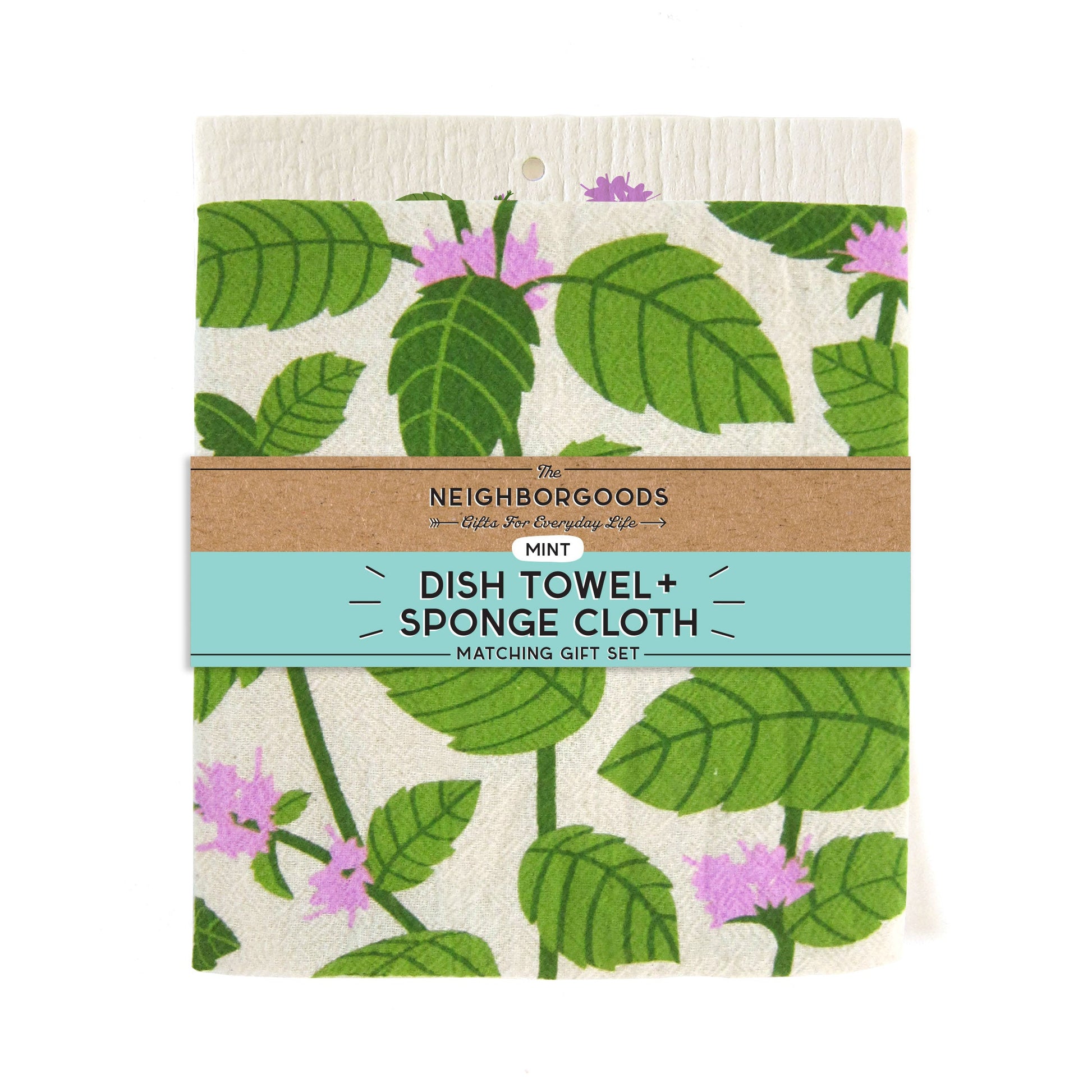Back of matching dish towel and sponge cloth set with mint design