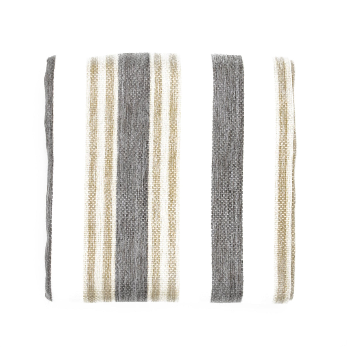 The image shows four samples of woven fabric in varying shades of beige and gray, likely representing different textures or weights of material, with a focus on the craftsmanship and texture of the yarns.