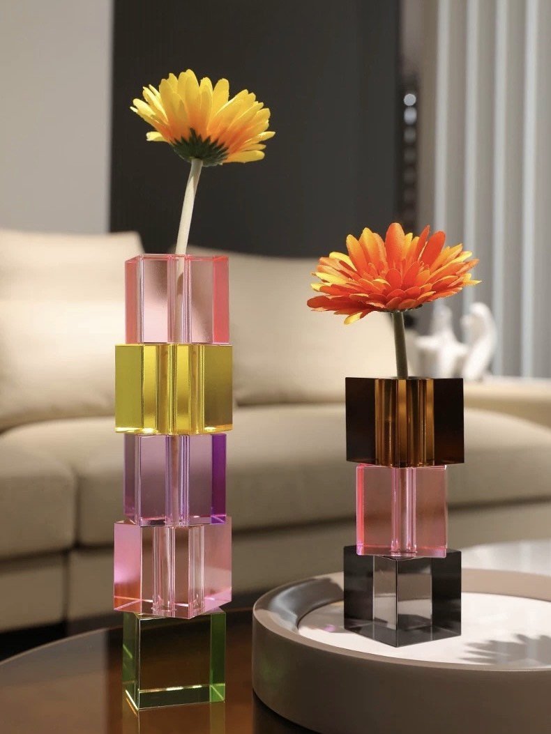 Modern Crystal Cube Bud Vase, Dopamine Table Setting Centrepieces - Vases - Crystal Cube Bud Vase - Small - INSPECIAL HOME
