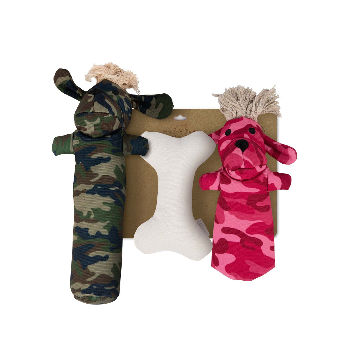 Squeaky Dog Toy Set – Non-Toxic Cotton Canvas – Sarg, T-Bone & Pinky