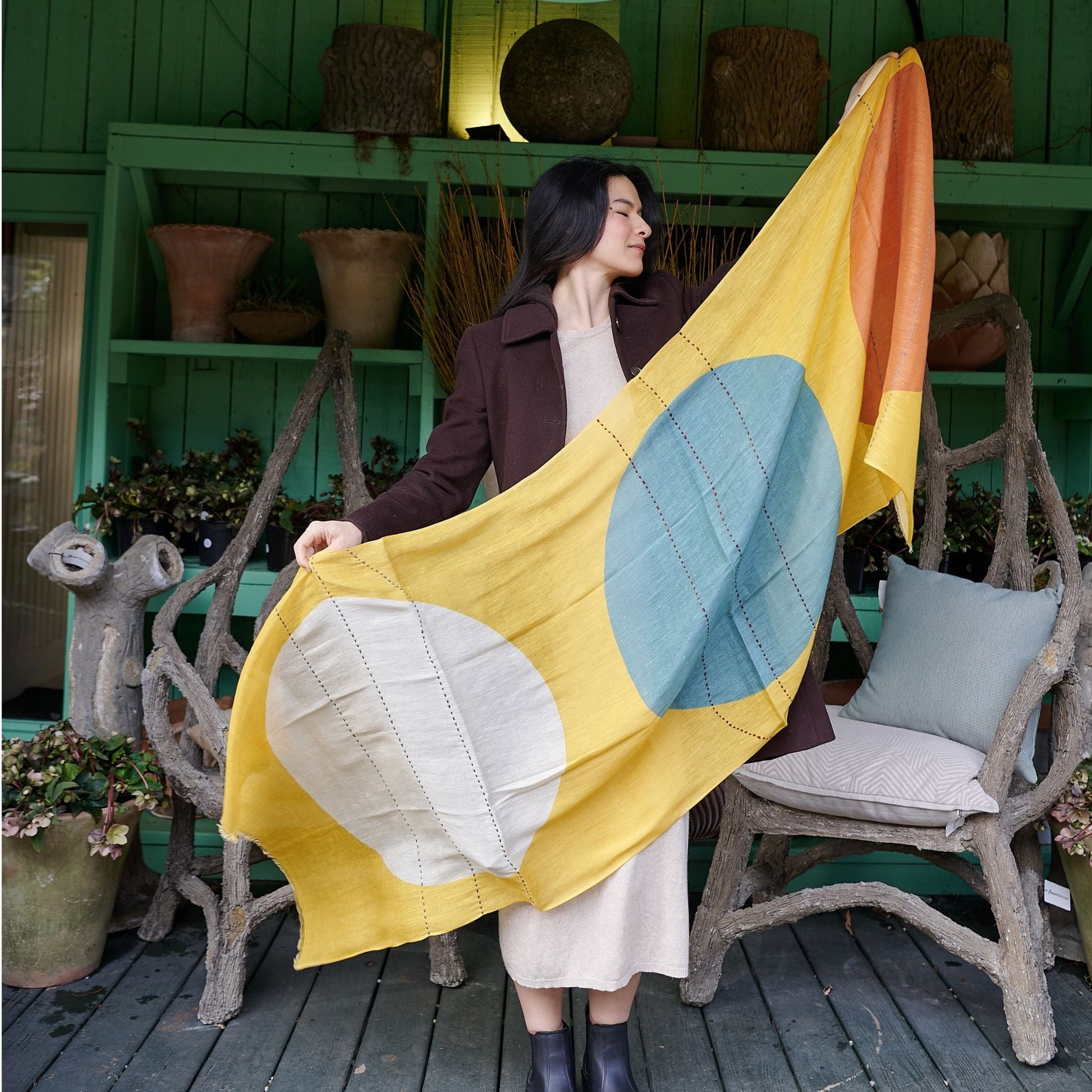 Cirq Sun Yellow Green Circle Pattern Hand Embroidered  Linen Silk Handloom Scarf showcasing contemporary design and vibrant colors.