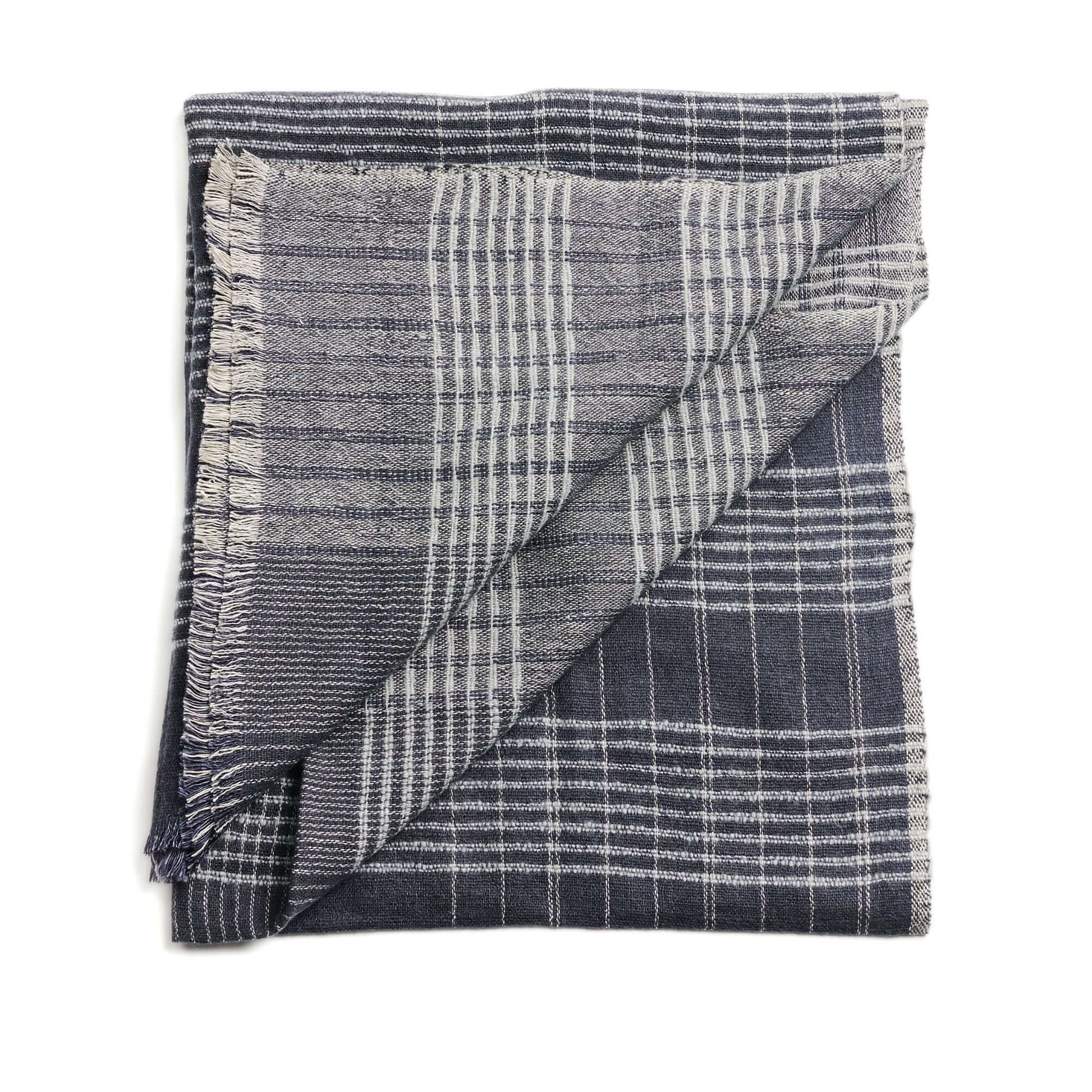 Alloy Dark Blue Stripes Pattern Soft Merino Linen Handloom Throw folded showcasing its unique design and texture.