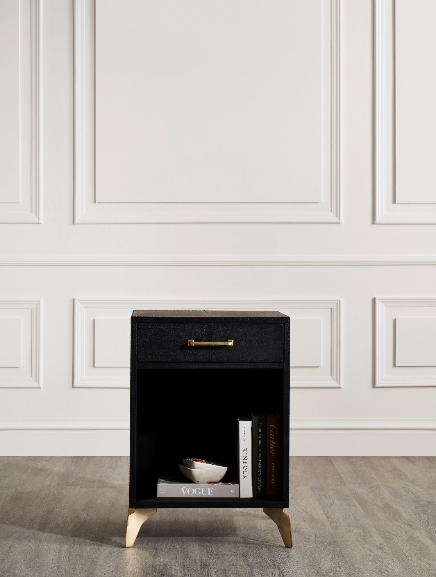 FN-5200-201828_2|Modern black leather furniture nightstand with brass legs and a single drawer, offering stylish storage for a chic room.