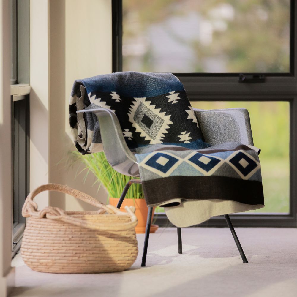 Black and blue handwoven throw outdoor