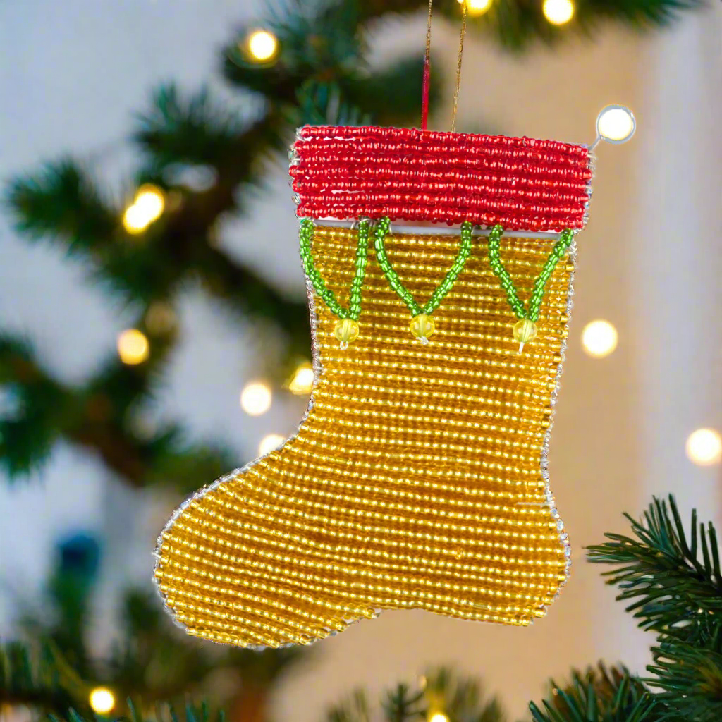 Handmade Beaded Christmas Stocking Ornament – Haitian Artisan Holiday Décor. (Set of 3)